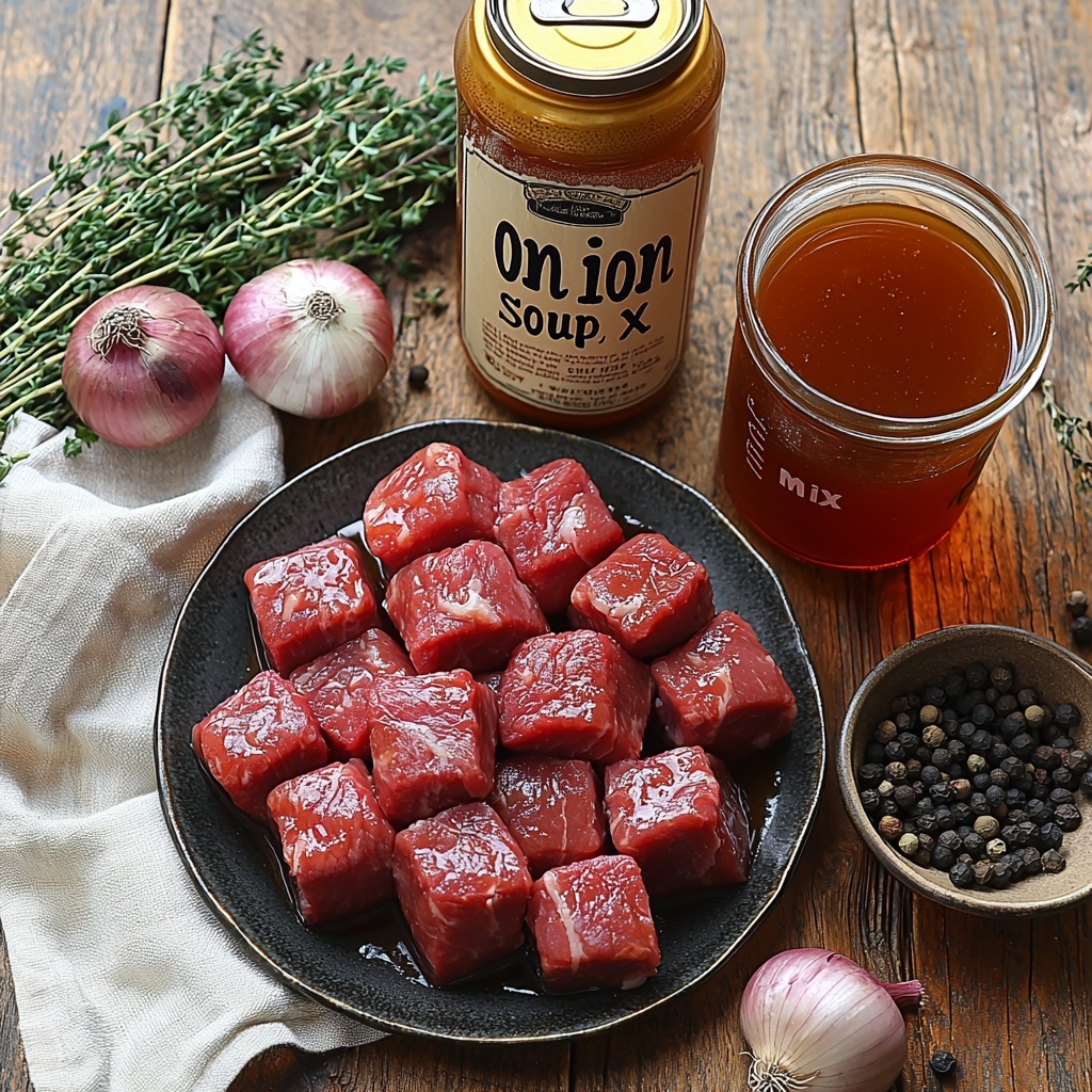 a flat lay of main ingredients for slow cooker beef tips & gravy arranged neatly on a clean light wooden surface: chunks of raw beef stew meat with deep red and marbled textures on a small dark ceramic plate, a small vintage packet labeled 