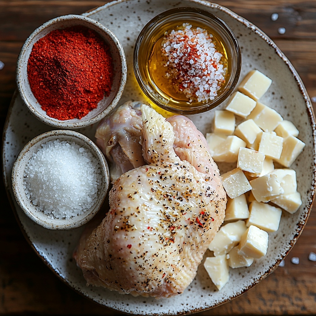 A clean, bright wooden surface with all the main ingredients for Garlic Parmesan Roasted Chicken artfully arranged for flat lay photography: a whole raw chicken with pale pink skin displayed centrally on a rustic white ceramic plate, next to a small glass bowl of golden olive oil glistening under soft light; a small white ramekin filled with coarse salt crystals; a heap of paprika powder in a wooden spoon showcasing its vibrant red-orange color; a small dish of finely grated Parmesan cheese, creamy off-white with a slightly crumbly texture; and a sprinkling of garlic powder in a tiny white bowl, pale yellow and powdery. The ingredients are spaced evenly with natural shadows and minimal props, emphasizing fresh textures and warm earthy tones. The surface is dusted lightly with a few scattered grains of salt and paprika for an inviting, artisanal feel. Overhead shot, top down view, flat lay photography, professional food styling --ar 1:1 --q 2 --s 750 --v 6.1