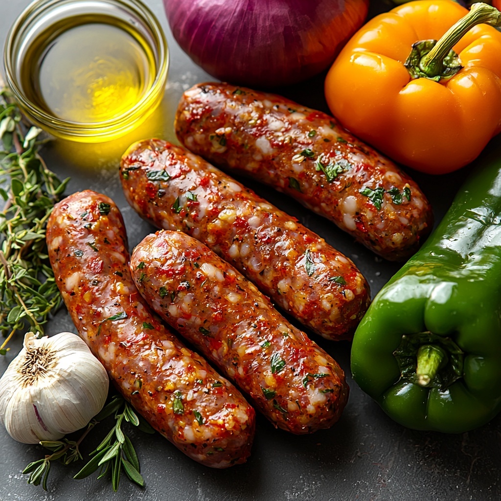 Italian sausage links with coarse texture, sliced to show juicy interior, placed beside whole and halved vibrant red and green bell peppers with glossy skin; a whole onion with papery light brown layers and one peeled half exposing crisp white rings; two cloves of garlic with smooth off-white skins; small glass bowl of golden olive oil reflecting light; all ingredients arranged neatly and artfully spaced on a clean white matte surface, bright natural lighting highlighting rich colors and textures, slight shadows adding depth, minimalist styling with a fresh and rustic feel, fresh herbs subtly placed for accent, emphasizing freshness and home cooking vibes — overhead shot, top down view, flat lay photography, professional food styling --ar 1:1 --q 2 --s 750 --v 6.1