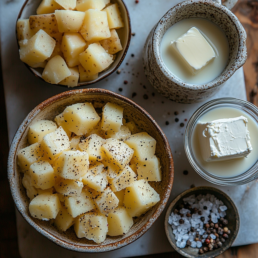 4 large diced potatoes in a small rustic bowl, chopped white onion scattered next to it, a clear glass measuring cup filled with golden chicken broth, a white ceramic cup with fresh creamy milk, a small glass bowl of rich heavy cream, a vintage silver butter dish holding two tablespoons of smooth butter, coarse salt crystals and freshly ground black peppercorns sprinkled artfully on a clean white marble surface. Soft natural light highlights the textures—rough potato edges, translucent onion layers, creamy liquids with slight sheen, and the subtle gloss of butter. Elements arranged loosely yet balanced to create an inviting and fresh composition with neutral tones and warm accents, styled with minimalist props and gentle shadows for depth and warmth, overhead shot, top down view, flat lay photography, professional food styling --ar 1:1 --q 2 --s 750 --v 6.1