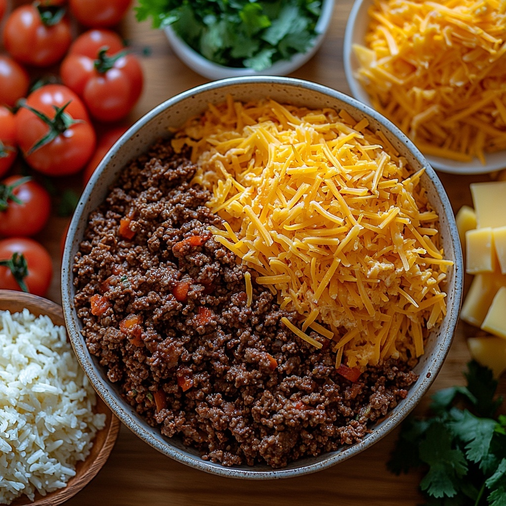 A clean, light-colored wooden surface with ingredients for a cheesy taco casserole arranged neatly for flat lay photography: a small bowl of browned ground beef with rich, crumbly texture and warm brown hues; a rustic packet of vibrant orange taco seasoning powder beside it; a white bowl filled with fluffy cooked rice showcasing soft, white grains; a small can open to reveal bright red diced tomatoes with juicy, glossy texture; a mound of shredded cheese with creamy, pale yellow and white strands scattered artfully nearby. Include fresh sprigs of cilantro and a few whole taco shells for added color contrast and authenticity. Soft natural lighting highlights the textures and vibrant colors, with subtle shadows adding depth. The composition is balanced and spacious, styled to feel fresh, inviting, and ready for a home-cooked meal preparation. Overhead shot, top down view, flat lay photography, professional food styling --ar 1:1 --q 2 --s 750 --v 6.1