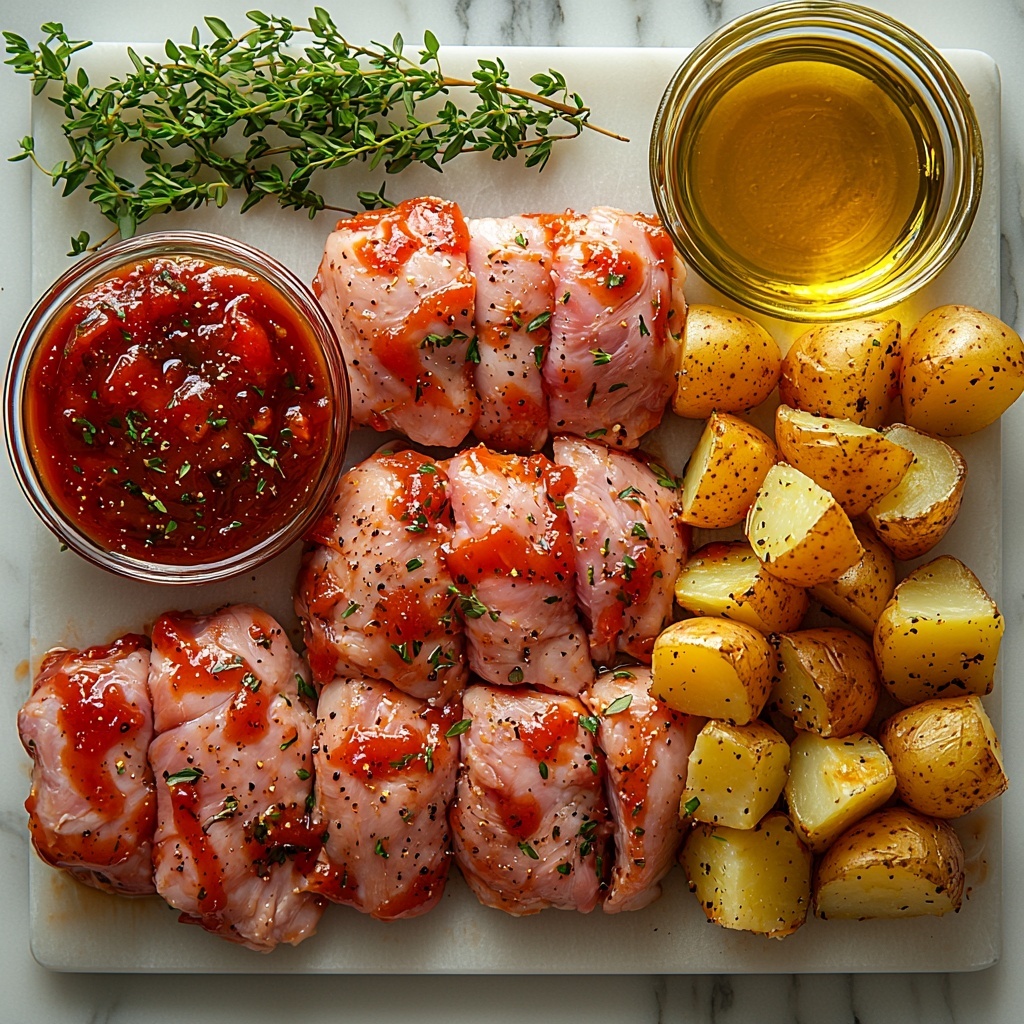 flat lay photography of BBQ Chicken Sheet Pan Dinner ingredients arranged on a clean white marble surface: raw chicken thighs with a rich pink hue and subtle skin texture, a small bowl of glossy deep red BBQ sauce with a smooth surface, a pile of baby potatoes in varied shades of golden yellow and light brown with smooth, slightly textured skins, a small glass bowl of golden olive oil catching light, scattered sprigs of fresh green herbs for contrast, soft natural lighting enhancing vibrant colors and textures, minimal shadows, balanced composition with ingredients spaced evenly to highlight each element, crisp focus, overhead shot, top down view, flat lay photography, professional food styling --ar 1:1 --q 2 --s 750 --v 6.1