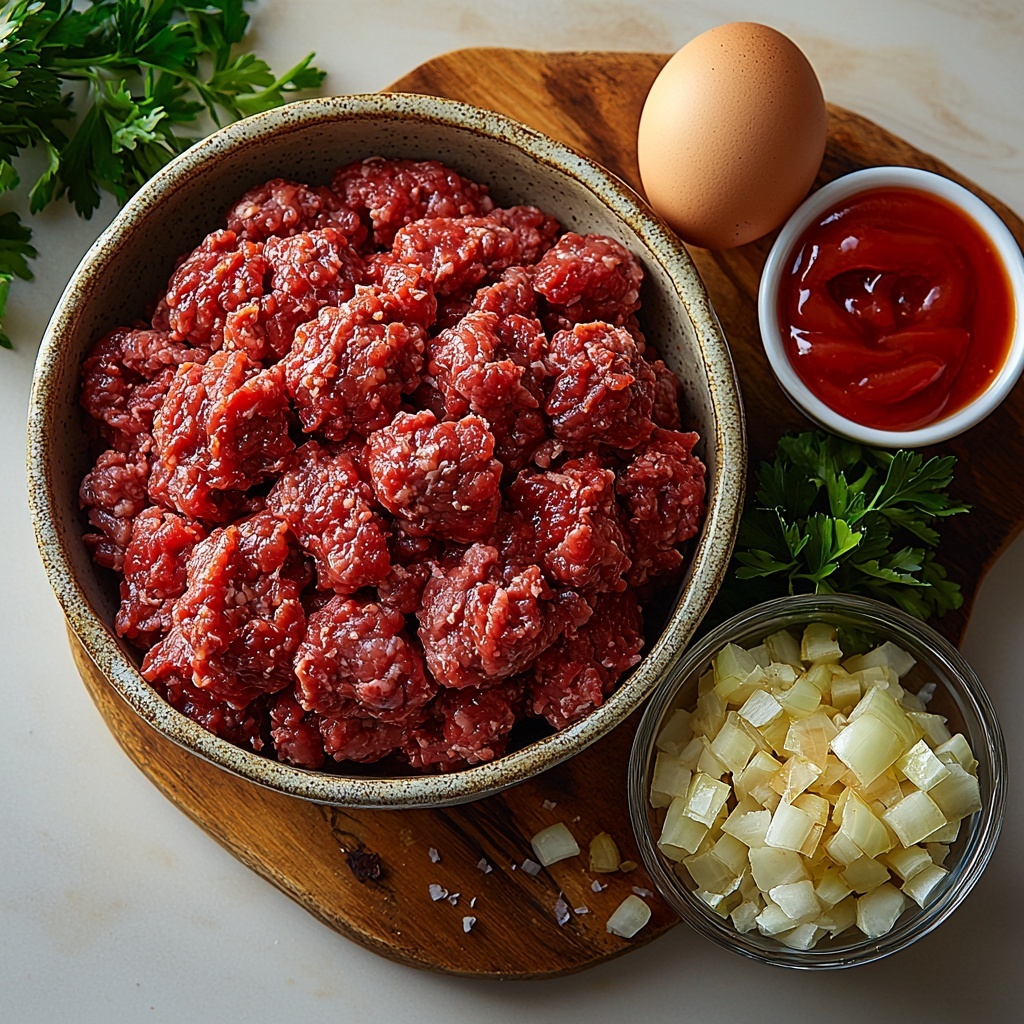 Flat lay photography of classic meatloaf ingredients arranged neatly on a clean white surface: raw ground beef in a rustic ceramic bowl showcasing rich deep red color and coarse texture; a small glass bowl filled with golden breadcrumbs, fine and crumbly; two fresh brown eggs with smooth shells placed side by side; a white bowl containing bright red, glossy ketchup with a slight sheen; diced white onion pieces spread in a small heap on a wooden cutting board, contrasting crisp white and purple hues. Natural soft lighting highlights the freshness and textural contrasts, minimal shadows for clarity, with a few sprigs of fresh parsley as subtle green accents to enhance visual appeal. Overhead shot, top down view, flat lay photography, professional food styling --ar 1:1 --q 2 --s 750 --v 6.1