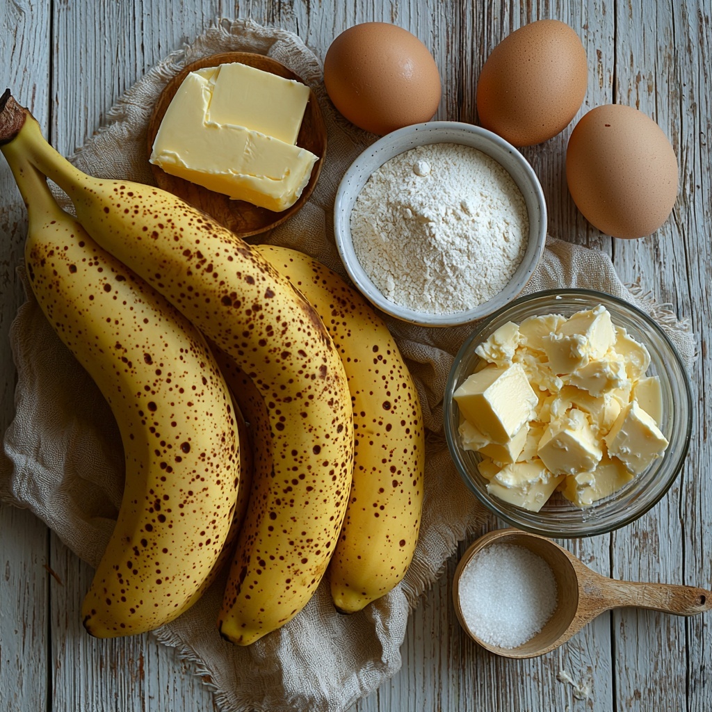A clean white wooden surface with all the banana bread ingredients neatly arranged for an overhead flat lay shot: three ripe bananas with bright yellow skin and brown speckles placed slightly fanned out on one side; a small glass bowl of pale yellow softened butter with subtle creamy texture; a clear glass bowl filled with fine white sugar; two large brown eggs resting on a natural linen cloth for rustic contrast; a small white ceramic bowl heaped with fine, soft white flour; a vintage measuring spoon containing light tan baking soda powder. The composition is balanced with natural soft light highlighting the varied textures—the smooth banana peel, creamy butter, fluffy flour, and glossy eggshells—with subtle shadows adding depth. Warm, neutral tones complement the ingredients, evoking freshness and homemade warmth. Overhead shot, top down view, flat lay photography, professional food styling --ar 1:1 --q 2 --s 750 --v 6.1