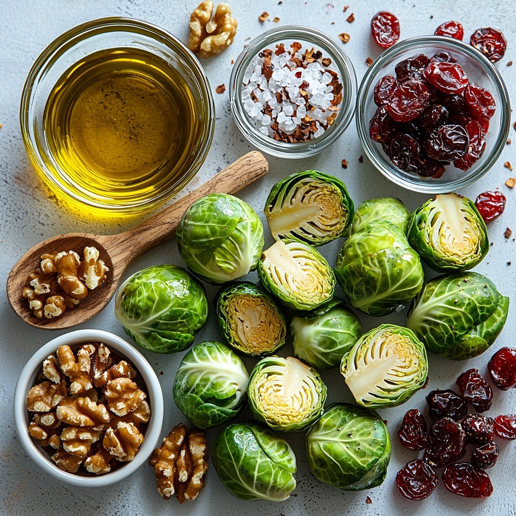 2- Raw halved Brussels sprouts in vibrant green with pale white stems, scattered loosely on a clean white surface; small glass bowl of golden olive oil glistening under soft light nearby; tiny heap of coarse sea salt and freshly cracked black pepper flakes arranged artfully on a rustic wooden spoon; handful of rough-textured toasted walnuts clustered together, warm brown hues with jagged edges; small clear dish of glossy, deep red dried cranberries with wrinkled surfaces; a small white ceramic bowl containing smooth, pale yellow Dijon mustard; second small bowl filled with rich amber maple syrup with a slight sheen; additional olive oil drizzle elegantly pooled in a shallow glass dish; a pinch of crushed red pepper flakes sprinkled delicately on a white plate; composition balanced with natural light highlighting contrasting textures—the crispness of Brussels sprouts, the softness of cranberries, the crunch of walnuts—styled with minimal props on a bright backdrop for a fresh, inviting look, perfect for an overhead shot, top down view, flat lay photography, professional food styling --ar 1:1 --q 2 --s 750 --v 6.1