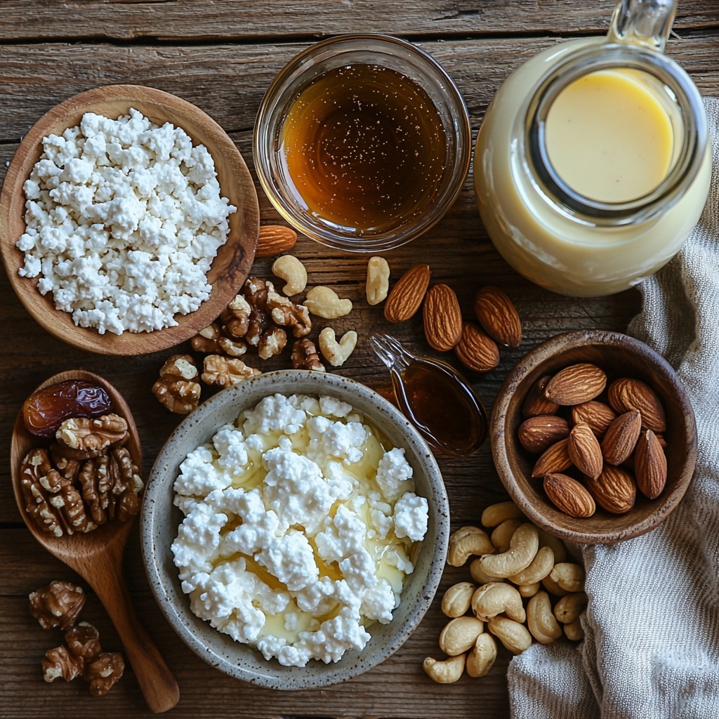 3- Walnuts, almonds, pitted soaked dates, maple syrup in a small glass bowl, ground cinnamon, salt in delicate ceramic spoons, creamy cottage cheese in a white bowl, soaked cashews with a smooth texture in a rustic bowl, oat milk in a small glass pitcher, fresh lemon juice in a clear measuring cup, and vanilla extract in a tiny amber bottle, all arranged neatly on a clean, light wooden surface. Ingredients carefully spaced with natural shadows and soft, diffused daylight highlighting the varying textures—from the glossy dates and syrup to the rough walnuts and smooth cottage cheese. Warm, inviting tones with minimal props, subtle linen napkin folded at the edge, emphasizing freshness and simplicity. Overhead shot, top down view, flat lay photography, professional food styling --ar 1:1 --q 2 --s 750 --v 6.1
