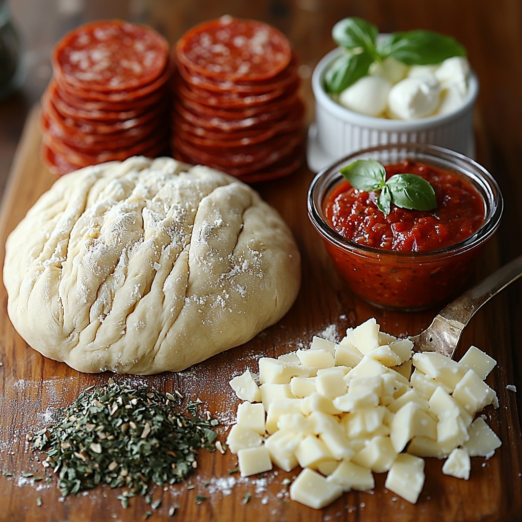 A clean, bright wooden surface arranged with the main ingredients for pepperoni pizza bites: a rustic ball of smooth, slightly floured pizza dough, rolled out flat with a light dusting of flour around it; neatly stacked deep red, glossy pepperoni slices fanned out in a semicircle; a small white bowl filled with fluffy, shredded mozzarella cheese showing soft, creamy strands; a vintage teaspoon resting beside a tiny pile of finely crushed green and brown Italian seasoning herbs; a small ramekin of vibrant red marinara sauce with a glossy surface and visible herb flecks; soft natural lighting emphasizing the rich reds, creamy whites, earth tones, and fresh textures; minimal shadows for a clean, inviting look; ingredients spaced evenly with subtle overlapping to create depth and harmony; garnished with a sprig of fresh basil for a pop of green color. overhead shot, top down view, flat lay photography, professional food styling --ar 1:1 --q 2 --s 750 --v 6.1