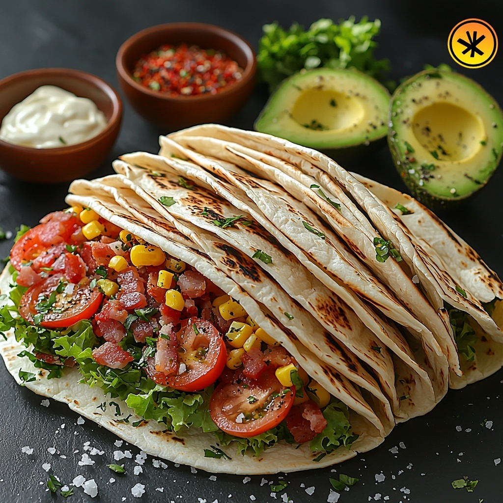 4 large flour tortillas neatly stacked with their soft, pale beige texture visible; beside them, a small bowl of creamy white mayonnaise with a smooth surface; a generous pile of thinly shredded bright green lettuce leaves, fresh and crisp; vibrant red tomato slices arranged in a fan shape showing juicy flesh and seeds; perfectly cooked crispy bacon strips with a rich reddish-brown color and slightly curled edges; ripe avocado sliced into crescent shapes showcasing vivid green creamy flesh with a hint of darker skin; 8 ounces of thinly sliced turkey breast, pale pink with subtle marbling, loosely layered to show tender texture; small bowls of coarse salt and freshly ground black pepper for seasoning; all ingredients carefully spaced and arranged on a clean, white matte surface that enhances the natural colors and textures; soft natural lighting emphasizing freshness and inviting appeal; minimal shadows and balanced composition to evoke a fresh, wholesome vibe overhead shot, top down view, flat lay photography, professional food styling --ar 1:1 --q 2 --s 750 --v 6.1