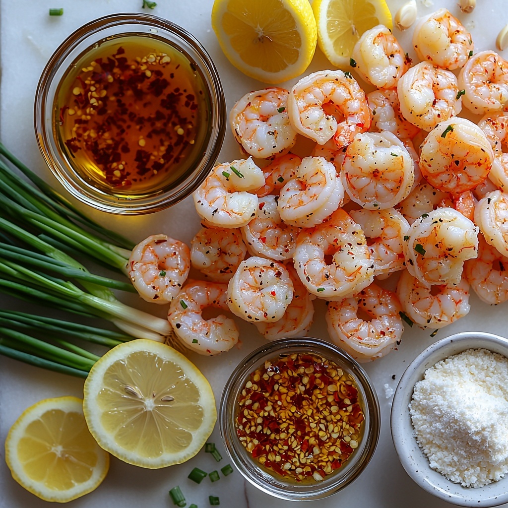 A clean white marble surface with the main ingredients of honey garlic shrimp artfully arranged in a tidy flat lay: a small pile of large peeled and deveined shrimp with a slight glossy sheen, sprinkled lightly with coarse salt and cracked black pepper; three cloves of garlic, minced and loosely scattered nearby; a small glass bowl filled with golden honey reflecting light; a separate bowl with rich dark low sodium soy sauce; a tiny clear dish holding bright yellow fresh lemon juice; a white spoon with fine white cornstarch powder; a small heap of vibrant red pepper flakes adding a pop of color; a small pool of glossy olive oil on a ceramic spoon; a chunk of creamy butter resting on parchment paper; fresh sliced green onions with bright green hues fanned out attractively; several lemon wedges with vivid yellow skin and juicy interior placed artfully around. The textures contrast—smooth shrimp against coarse garlic bits and powdery cornstarch, shiny honey and soy sauce bowls, all arranged with balanced spacing and natural light casting soft shadows to enhance depth and freshness. Overhead shot, top down view, flat lay photography, professional food styling --ar 1:1 --q 2 --s 750 --v 6.1