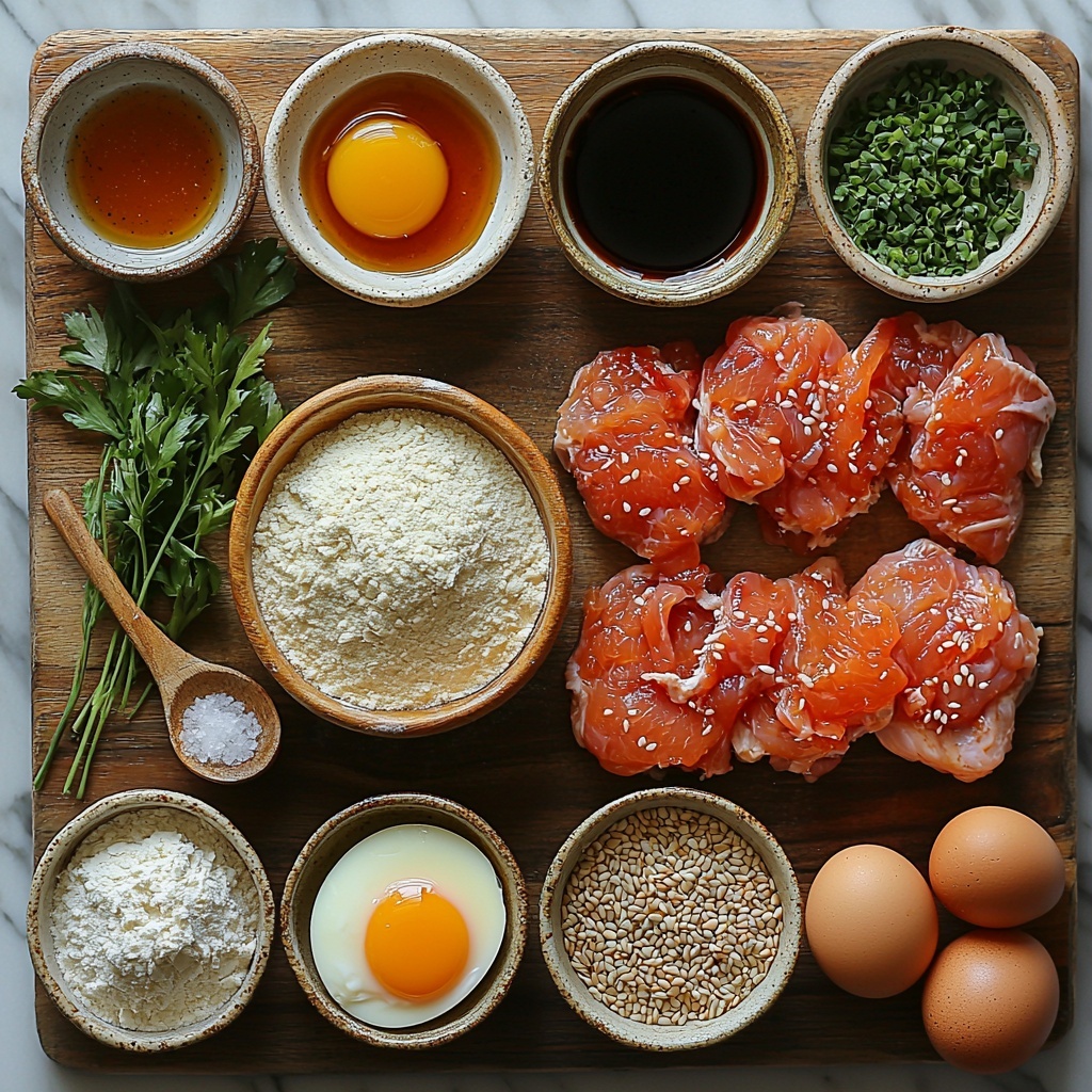 A clean white marble surface with all main ingredients neatly arranged for flat lay photography: tender and juicy raw chicken thighs with their pale pink flesh and smooth texture, small rustic bowls containing golden all-purpose flour and fine white cornstarch; two large brown eggs cracked open in a ceramic dish showing glossy yolks; a white ramekin filled with thick amber honey; a small glass bowl of dark soy sauce alongside a clear bowl of translucent pale rice vinegar; a vibrant red Sriracha sauce drizzled artfully in a tiny dish; a small glass bottle of amber sesame oil glistening under soft light; scattered fresh minced garlic cloves and finely grated pale yellow ginger on a natural wooden cutting board; sprigs of freshly chopped bright green onions arranged in a neat pile; a small bowl of white and black sesame seeds adding texture contrast; teaspoons with neatly heaped granules of fine white salt, cracked black pepper, garlic powder, onion powder, and a small heap of vibrant red cayenne pepper. The composition is balanced with natural light highlighting the varied colors and textures, styled with minimal rustic props like linen napkins and wooden spoons to enhance the earthy, fresh vibe. overhead shot, top down view, flat lay photography, professional food styling --ar 1:1 --q 2 --s 750 --v 6.1