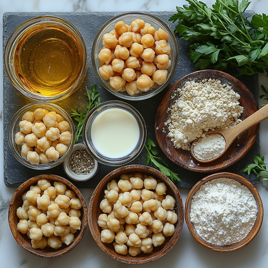 A clean white marble surface with neatly arranged ingredients for creamy chickpea dumpling soup: two small golden-yellow glass bowls of olive oil and melted butter, a small wooden bowl of finely chopped pale translucent onion, a rustic dish with three peeled garlic cloves, two open cans revealing creamy beige chickpeas, a clear glass measuring cup filled with rich golden vegetable broth, a small white bowl of creamy white milk or plant-based milk, a white ceramic spoon holding dried green thyme and oregano, a small heap of coarse white salt and freshly cracked black peppercorns on a slate tile, a bundle of vibrant fresh parsley sprigs with bright green leaves, a rustic wooden plate with a mound of soft white all-purpose flour, a small porcelain bowl with pale beige baking powder, and a small bowl of smooth olive oil or melted butter for dumplings, plus a measuring cup with fresh milk, all arranged symmetrically with ample negative space, soft natural light highlighting soft textures and subtle color contrasts, minimal shadows, styled with fresh herbs and a light linen napkin nearby for warmth and depth, overhead shot, top down view, flat lay photography, professional food styling --ar 1:1 --q 2 --s 750 --v 6.1
