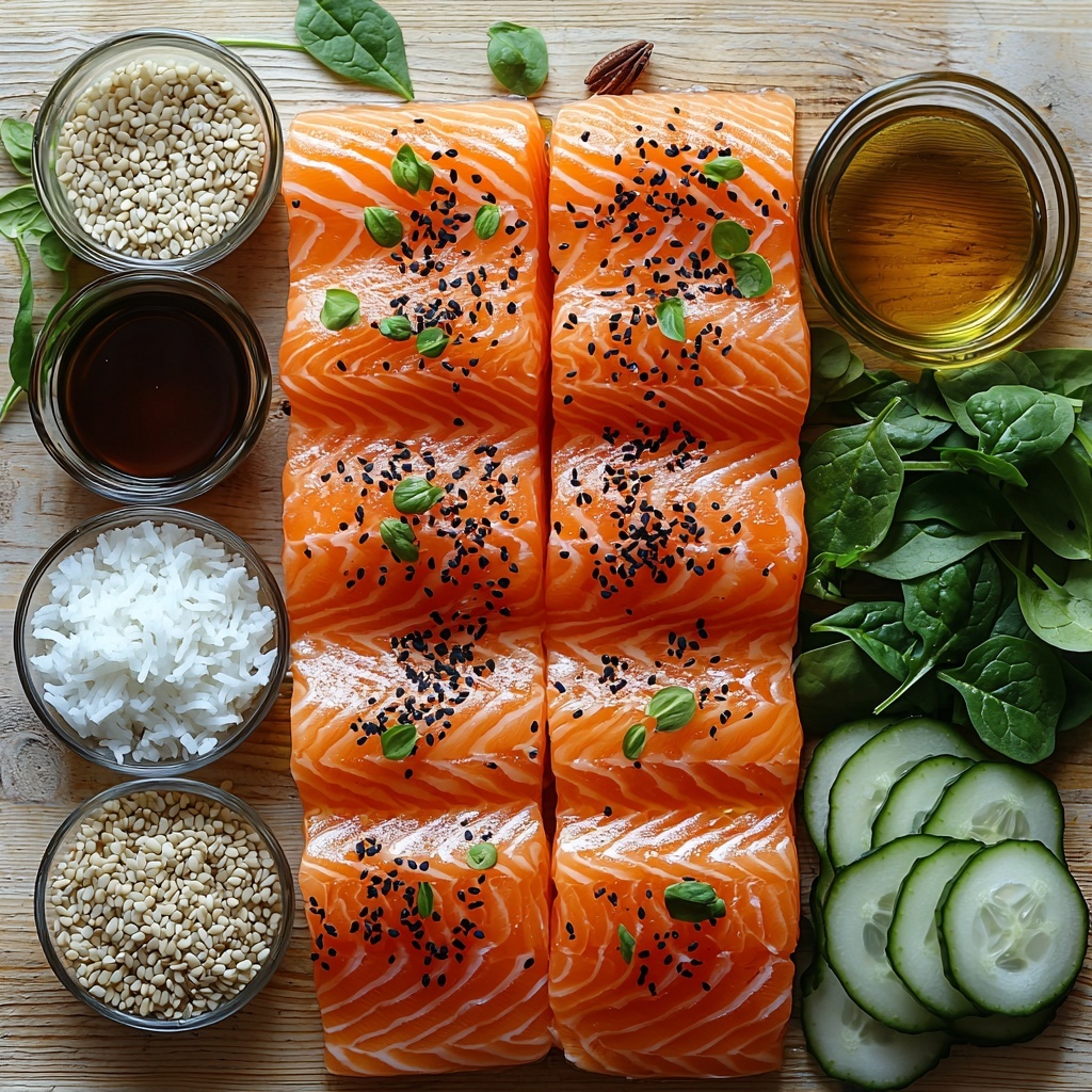 honey in a small glass bowl with golden, viscous texture; minced garlic cloves scattered nearby, creamy white and fine; three skinless salmon fillets raw, vibrant pink with smooth, fresh flesh; a small ceramic bowl of dark soy sauce with glossy sheen; a small bowl of pale, translucent rice vinegar; cooked white rice in a clean mound, fluffy grains with subtle gloss; bright orange julienned carrots neatly fanned out; thinly sliced or spiralized cucumber, pale green with delicate texture, arranged in loose curls; fresh baby spinach leaves, deep green and crisp, loosely clustered; small pile of toasted sesame seeds, tiny off-white and slightly shiny; a small bottle or drizzle of golden olive oil with rich, smooth surface—all items carefully spaced on a rustic white wooden surface with natural daylight streaming in from the side, soft shadows enhancing textures, minimal props, clean and modern styling emphasizing natural colors and freshness, vibrant and appetizing look, overhead shot, top down view, flat lay photography, professional food styling --ar 1:1 --q 2 --s 750 --v 6.1
