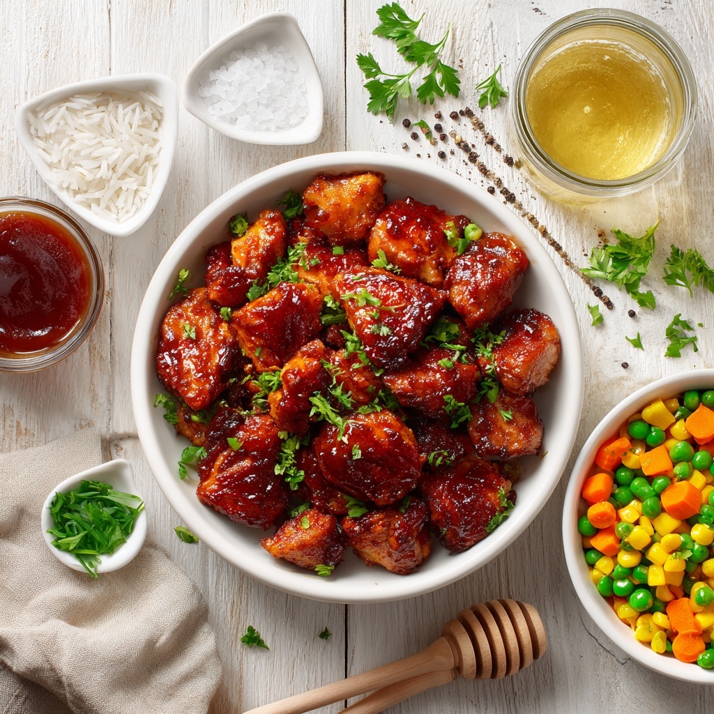 boneless skinless chicken thighs and breasts cut into bite-sized pieces, long-grain white rice in a small bowl, two cups of golden chicken broth in a glass measuring cup, a small bowl of glossy deep reddish-brown BBQ sauce, a small jar or bowl of thick golden honey with a honey dipper, white garlic powder and onion powder in tiny white ceramic spoons, a small bowl of vibrant mixed vegetables (orange carrots, green peas, yellow corn), coarse salt and black peppercorns sprinkled artfully around, fresh chopped bright green onions and parsley leaves scattered delicately, all ingredients arranged neatly on a clean light wood surface with natural soft lighting to enhance rich colors and textures, subtle shadows for depth, minimal rustic props like a linen napkin and wooden spoons placed thoughtfully nearby, overhead shot, top down view, flat lay photography, professional food styling --ar 1:1 --q 2 --s 750 --v 6.1