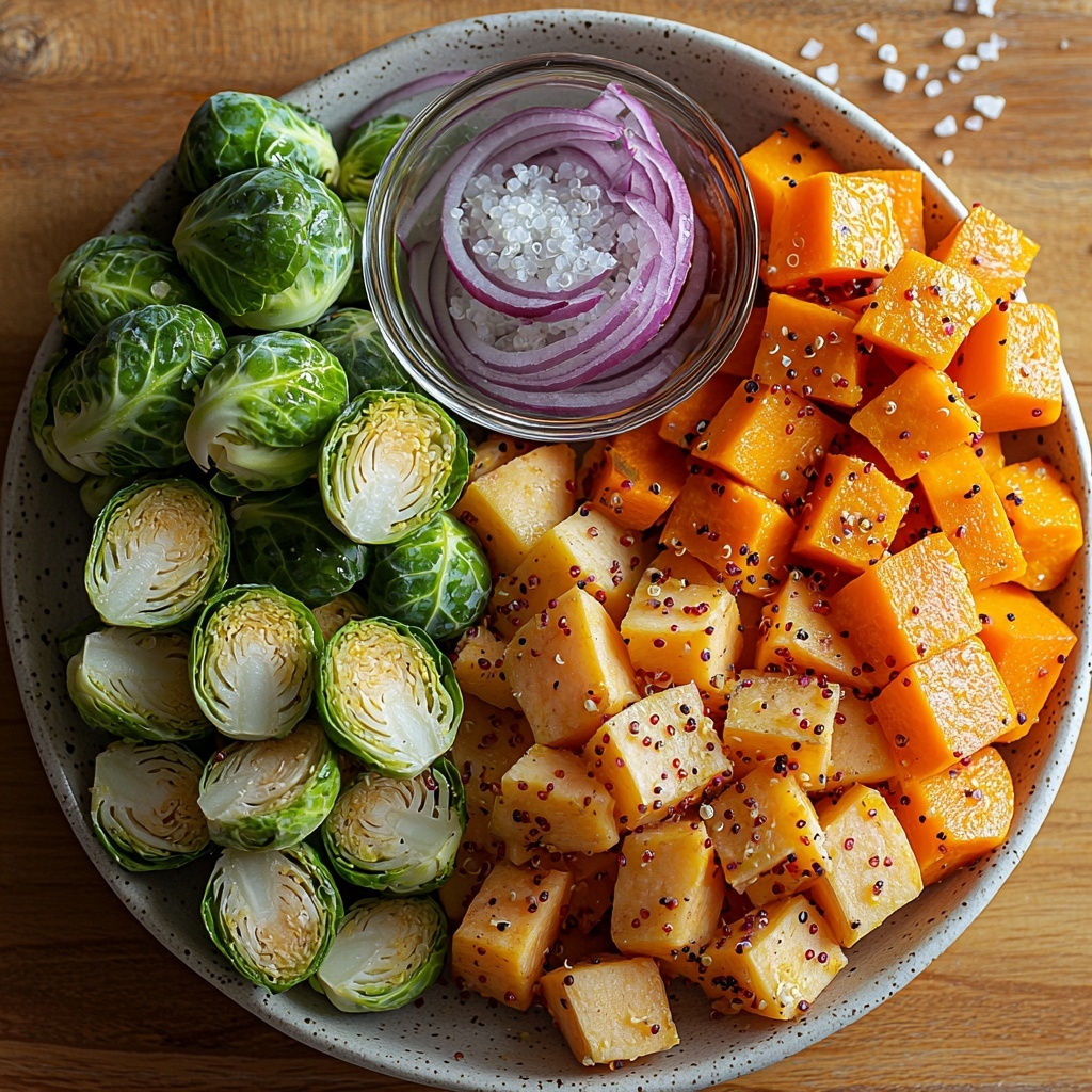 Brussels sprouts halved, bright green with fresh texture; sliced orange carrots, vibrant and crisp; cubed sweet potato in warm orange tones with smooth surfaces; thinly sliced red onion rings showing purple and white layers; small glass bowl of golden olive oil with subtle shine; coarse salt and black pepper sprinkled on a white ceramic dish; fluffy cooked quinoa in a neat mound with light beige grains; small bunch of chopped fresh parsley vibrant green, scattered delicately; all ingredients arranged separately but cohesively on a clean, light wooden surface; natural soft daylight highlighting the fresh colors and textures; slight shadows for depth, minimalist styling with modern rustic vibe, accentuating freshness and seasonal feel; overhead shot, top down view, flat lay photography, professional food styling --ar 1:1 --q 2 --s 750 --v 6.1