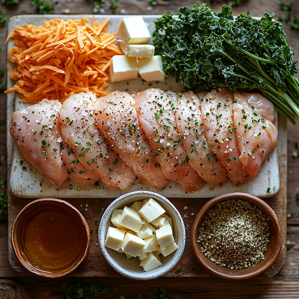 Imagine a clean, light wooden surface with all the main ingredients for Slow Cooker Crack Chicken Soup neatly arranged in an artful flat lay. Two raw, plump chicken breasts sit on a small white ceramic plate, sprinkled lightly with a mix of onion powder, garlic powder, dried dill weed, dried chives, salt, and fresh ground black pepper scattered nearby in tiny rustic dishes. Around the chicken, six to eight cups of low sodium chicken broth is presented in a transparent glass measuring cup, showing its warm golden hue. Four crispy, crumbled bacon slices rest on a small slate board, with a small bowl of rendered bacon grease shimmering softly beside them. Cream cheese cubes are stacked on a delicate white dish, their soft texture contrasting with a heap of shredded sharp cheddar cheese, vibrant orange and finely shredded on a wooden board. A bunch of fresh chopped baby kale, deep green and curly, spills naturally across the surface, with bright green chopped scallions arranged neatly in a small ceramic bowl nearby. The scene is styled with natural daylight filtering in softly, emphasizing the varied textures—the juicy sheen of chicken, powdery herbs, creamy cheese, crispy bacon, and fresh greens. Subtle shadows add depth, and the composition balances rustic charm with fresh, wholesome ingredients. Overhead shot, top down view, flat lay photography, professional food styling --ar 1:1 --q 2 --s 750 --v 6.1