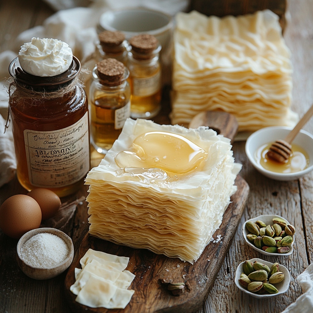 phyllo dough sheets neatly stacked with one sheet partially unfolded showing delicate, translucent layers; small bowl of golden melted unsalted butter with a brush resting beside it; two small piles of granulated sugar and ground cinnamon displaying fine, crystalline and powdery textures; block of creamy, softened cream cheese on a rustic wooden board with a butter knife; three large brown eggs arranged in a neat row; glass jar of amber honey with honey dipper dripping honey; small bowl of smooth sour cream with a silver spoon; bottle or vial of vanilla extract with cork stopper; small white bowl filled with vibrant green chopped pistachios to show their crunchy texture; tablespoon of unsalted butter wrapped partially in parchment paper; clean minimal white surface with natural soft lighting casting gentle shadows; ingredients arranged artistically in a balanced composition to highlight contrasting textures and warm colors of golden butter, green pistachios, and creamy whites; rustic but refined aesthetic with subtle props like linen napkin folded neatly; overhead shot, top down view, flat lay photography, professional food styling --ar 1:1 --q 2 --s 750 --v 6.1