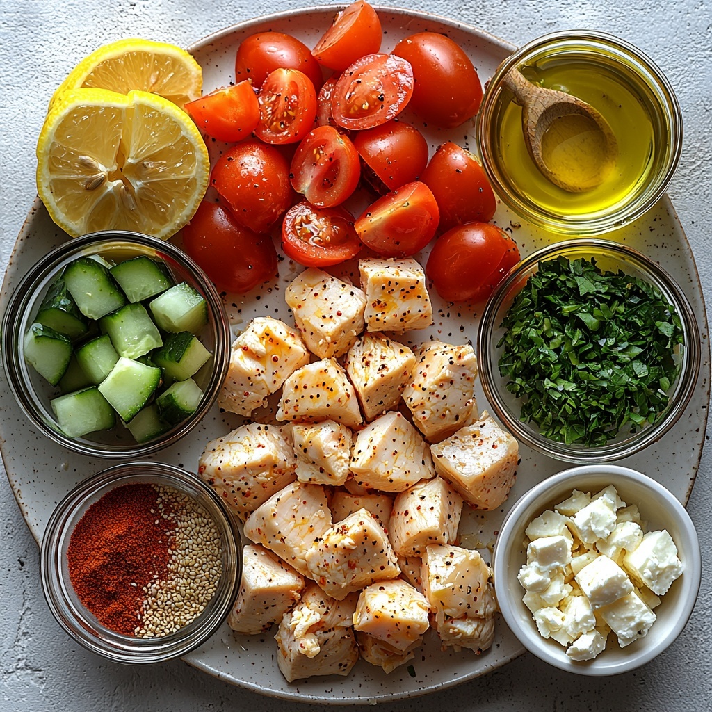 boneless skinless chicken breast cubes, small glass bowl of olive oil, lemon wedges and fresh lemon juice in a small ceramic dish, minced garlic cloves on a rustic wooden spoon, dried oregano and paprika sprinkled neatly on white ceramic spoons, salt and black pepper in small glass containers, cooked fluffy rice or quinoa in a round white bowl, halved vibrant red cherry tomatoes arranged in a cluster, diced bright green cucumber in a small white bowl, thinly sliced purple-red onion fanned out on a white plate, crumbly white feta cheese in a small dish, fresh chopped green parsley scattered artistically, creamy beige tahini in a small bowl with a whisk, all ingredients arranged thoughtfully on a clean white textured surface with natural soft daylight, shadows gently diffused, pops of green and red contrasting with creamy and earthy tones, minimal props for an elegant rustic Mediterranean vibe, overhead shot, top down view, flat lay photography, professional food styling --ar 1:1 --q 2 --s 750 --v 6.1