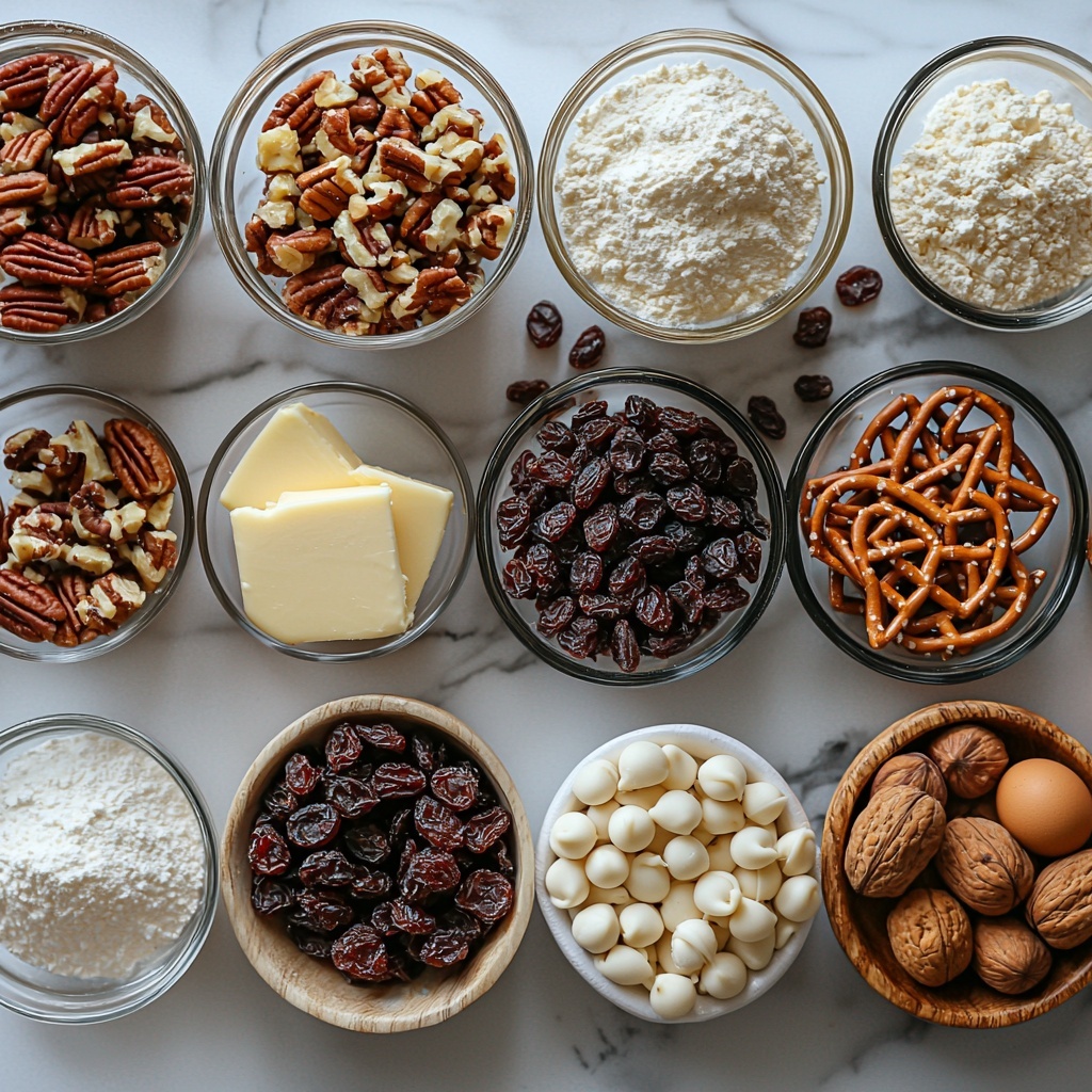 A clean, bright kitchen surface spread with all the main ingredients for Christmas Kitchen Sink Cookies neatly arranged in small bowls and measuring cups: softened unsalted butter in a small glass bowl with a creamy pale yellow texture; golden brown packed brown sugar in a rustic ceramic bowl; white granulated sugar in a clear glass ramekin; two large brown eggs with smooth shells placed next to a small glass bottle of vanilla extract with a dark amber liquid inside; a white ceramic bowl filled with fluffy off-white all-purpose flour; small piles of fine baking soda and salt on minimalist white plates; a heaping cup of glossy semi-sweet chocolate chips with a deep brown sheen; a cup of smooth, creamy white chocolate chips; a small wooden bowl overflowing with mixed nuts like pecans and walnuts, showcasing rich brown tones and textured surfaces; a small dish of vibrant dried cranberries and raisins adding pops of red and purple; a scattering of mini pretzels with a golden crunchy appearance artfully placed nearby. The ingredients are arranged symmetrically with plenty of negative space on a clean white marble or light wood surface that enhances natural colors, soft natural lighting highlighting textures and subtle shadows, styled with simple linen napkins and wooden spoons for warmth and rustic charm. Overhead shot, top down view, flat lay photography, professional food styling --ar 1:1 --q 2 --s 750 --v 6.1