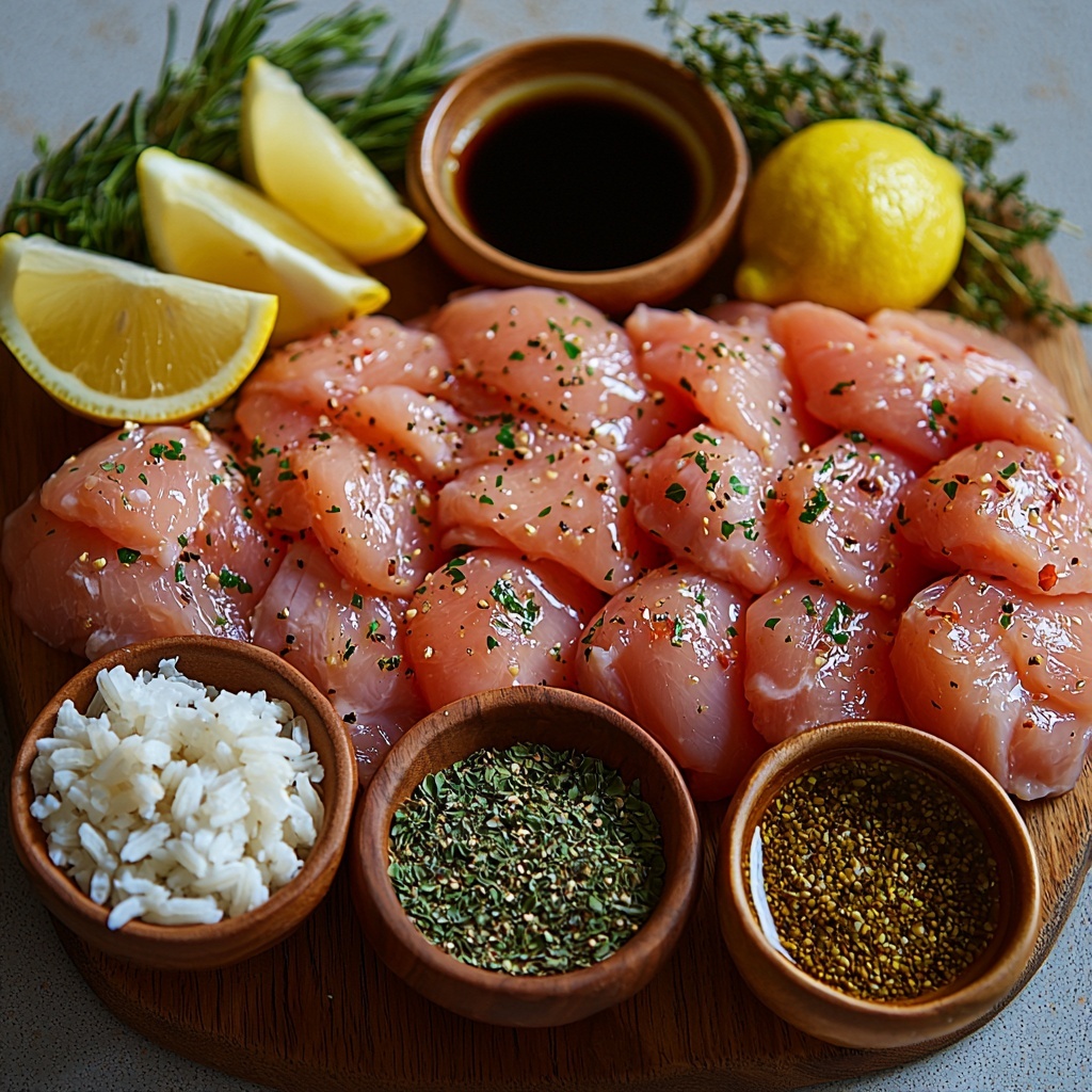 4 boneless, skinless chicken breasts with a smooth, pale pink surface; 4 cloves fresh garlic, minced and finely chopped, small white and slightly translucent pieces; 1 cup uncooked long-grain white rice, small shiny grains scattered neatly in a small bowl; 2 cups low-sodium chicken broth in a clear glass measuring cup, golden amber liquid with slight shimmer; 1 teaspoon dried oregano, small greenish-brown flaky herbs in a tiny ceramic dish; 2 tablespoons freshly squeezed lemon juice in a small glass bowl, bright yellow with a glossy surface; 2 tablespoons low-sodium soy sauce in a dark brown pool inside a shallow white dish, glossy and rich; 1 tablespoon olive oil in a small clear dish, golden yellow with reflective highlights. All ingredients arranged carefully on a clean, matte white surface with soft natural light casting gentle shadows. Minimalist styling, subtle textures highlighted, a few fresh oregano sprigs and lemon wedges add pops of green and yellow, creating a fresh Mediterranean vibe. Overhead shot, top down view, flat lay photography, professional food styling --ar 1:1 --q 2 --s 750 --v 6.1