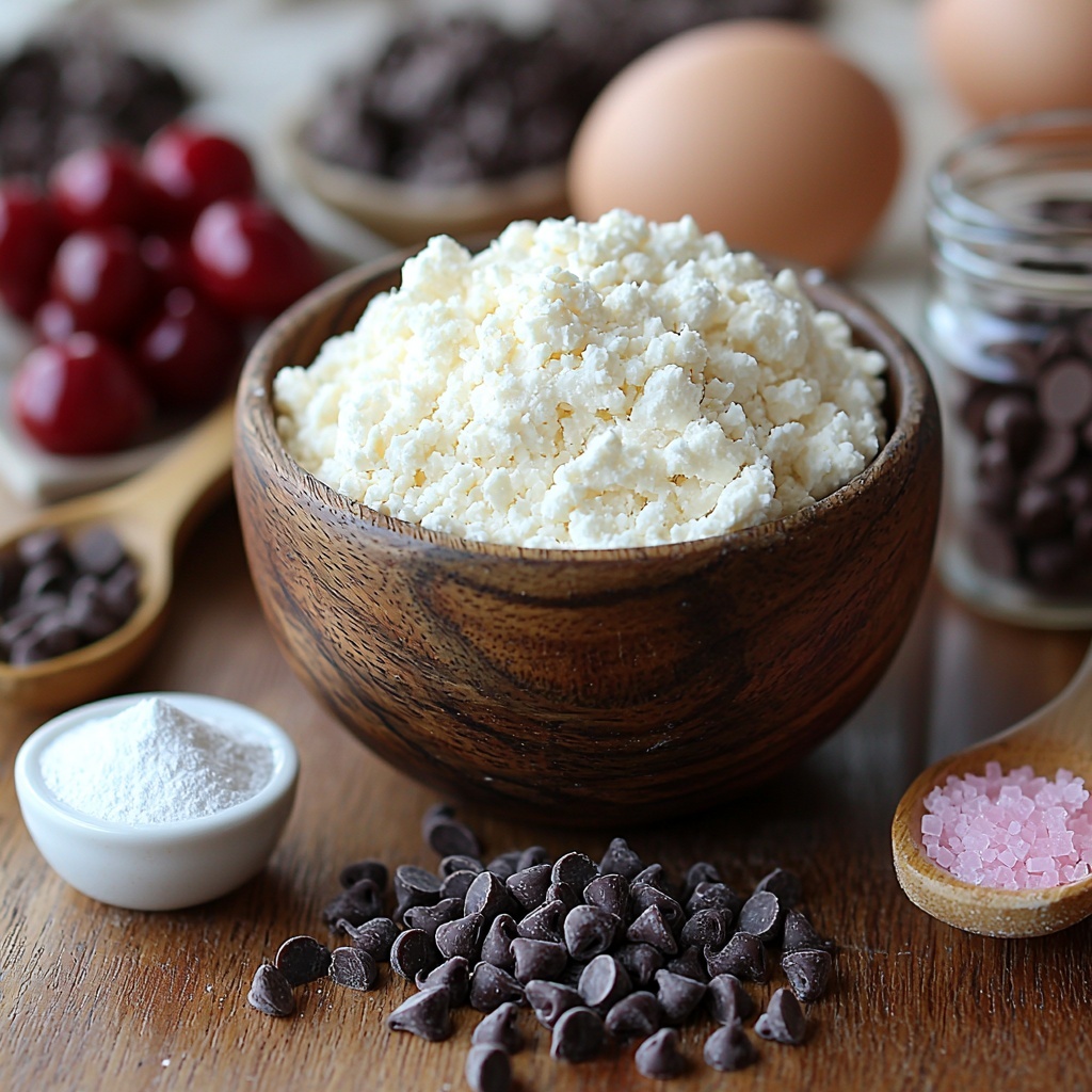 3 cups all-purpose flour in a neat pile, white powdery texture; 2 tsp cornstarch in a small wooden bowl, fine and pale; 1 tsp baking soda and 1/4 tsp salt displayed in tiny ceramic spoons, white crystalline and off-white powder; 2 cups semi-sweet chocolate chips in a clear glass jar and scattered around, glossy dark brown morsels; 1 cup unsalted butter softened and cut into a smooth square on parchment paper, creamy pale yellow; 1¼ cups light brown sugar in a rustic ceramic bowl, moist and textured with rich caramel color; 1/4 cup granulated sugar in a small glass dish, sparkling white crystals; 2 large eggs whole with smooth brown shells, resting in a woven basket; 1 tsp vanilla extract in a slender glass bottle with amber liquid inside; 1/8 tsp almond extract in a tiny vial, clear liquid; 1/4 tsp pink gel food coloring displayed in a small white ramekin, vibrant candy pink gel with a glossy surface; 1 cup finely chopped maraschino cherries in a small glass bowl, bright red glossy pieces with some whole cherries artistically placed nearby; extra chocolate chips and maraschino cherries artfully scattered across a clean, light wood countertop; soft natural daylight casting subtle shadows; rustic but clean and minimal styling with slight texture contrasts and balanced spacing; overhead shot, top down view, flat lay photography, professional food styling --ar 1:1 --q 2 --s 750 --v 6.1