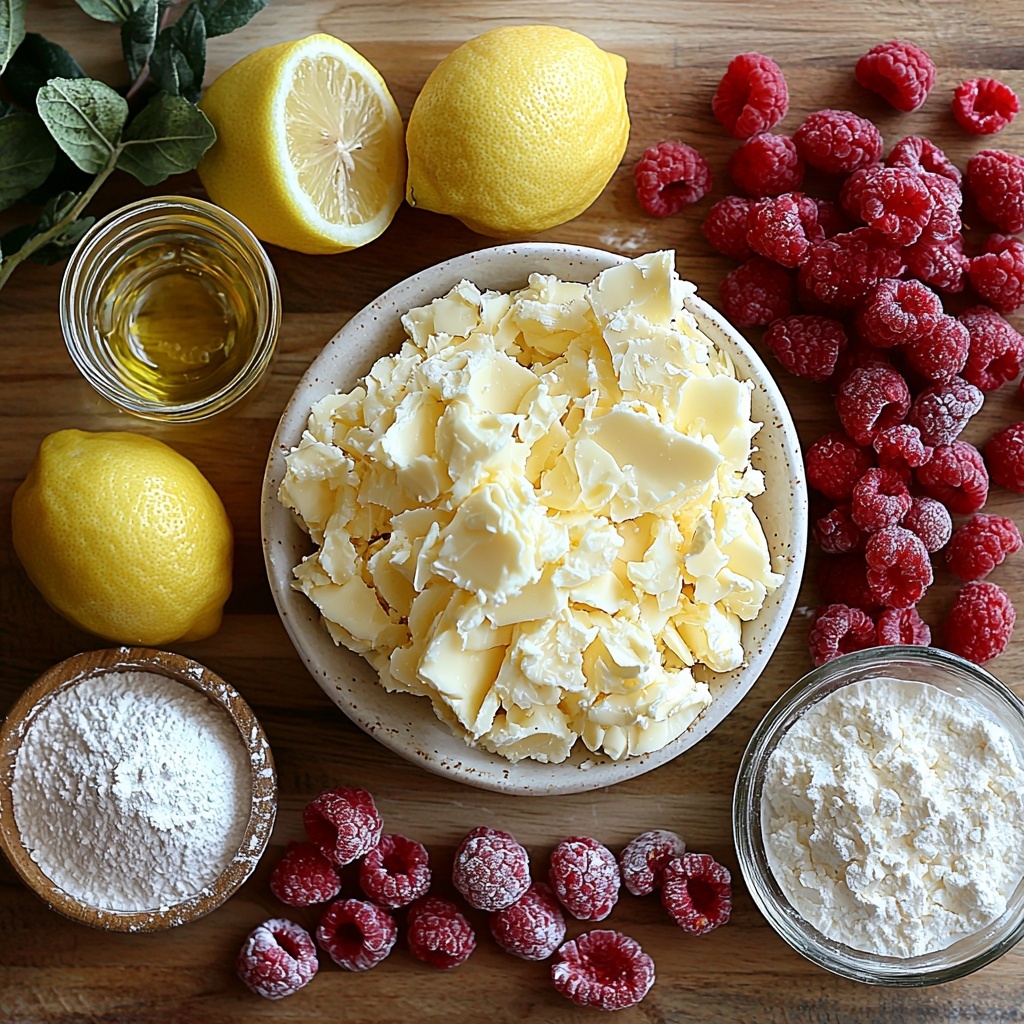 Canola oil in a small glass jug, three large brown eggs neatly arranged, a bowl of creamy buttermilk, fresh lemon halves and zest strips artistically scattered, bright whole lemons and thin lemon slices fanned out, sparkling fresh raspberries in small clusters with some dusted lightly with flour, a mound of white granulated sugar, a heap of fine white flour, small bowls containing baking powder, baking soda, and salt each clearly visible, softened pale yellow butter on a white ceramic dish, a block of soft cream cheese on parchment paper, a bowl of smooth powdered sugar nearby, a small glass container of fresh lemon juice, all ingredients laid out on a clean, light wooden surface with natural daylight casting soft shadows, vibrant colors of yellow lemons and red raspberries contrasting against neutral white and beige tones of sugar and flour, textures ranging from smooth cream cheese and butter to rough zest and delicate raspberry seeds, carefully spaced and arranged in an inviting, balanced composition that draws the eye around the frame, minimal props with modern rustic style, overhead shot, top down view, flat lay photography, professional food styling --ar 1:1 --q 2 --s 750 --v 6.1