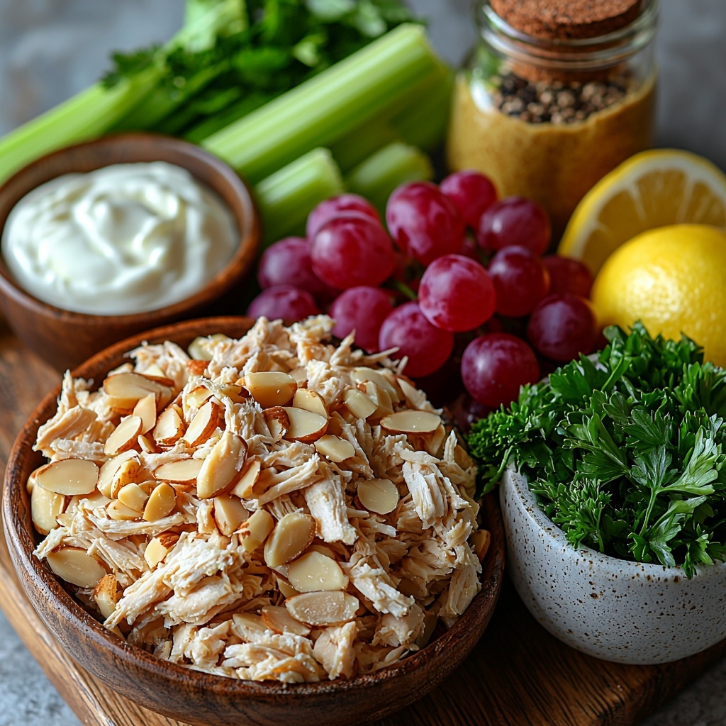 3 cups cooked shredded chicken in a rustic bowl, 2 stalks celery diced neatly on a wooden board, 1 cup vibrant red grapes halved and grouped in a small glass dish, 1/2 cup thinly sliced almonds scattered artfully on a white ceramic plate, 3 bright green onions sliced into thin rounds arranged in a line, 2 tablespoons finely chopped fresh parsley sprinkled loosely nearby, small bowl of creamy plain Greek yogurt with a spoon, small jar of Dijon mustard showing smooth texture, fresh lemon wedges with bright yellow juice droplets visible, pinch of celery seed in a small rustic dish, coarse salt crystals and cracked black peppercorns in separate tiny bowls. All ingredients arranged on a clean white surface with natural light casting soft shadows, emphasizing fresh colors and contrasting textures—wood, glass, ceramic elements mixed for depth. Garnishes and ingredients styled with slight overlaps and airy spacing for balance, vibrant and inviting composition. overhead shot, top down view, flat lay photography, professional food styling --ar 1:1 --q 2 --s 750 --v 6.1