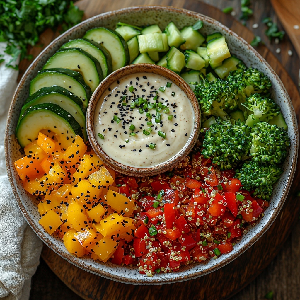 quinoa grains in a small white bowl, vibrant roasted mixed vegetables including red and yellow bell peppers, green zucchini slices, and broccoli florets arranged separately on a clean light wooden surface, ripe avocado sliced neatly fanned out on a ceramic plate, a small bowl of creamy beige tahini dressing with a smooth texture, chopped bright green onions scattered lightly nearby, sprinkled black and white sesame seeds in a small dish, all ingredients spaced evenly with natural soft daylight highlighting rich colors and textures, subtle shadows for depth, minimalistic rustic props like a linen napkin and wooden spoon for warmth and contrast, overhead shot, top down view, flat lay photography, professional food styling --ar 1:1 --q 2 --s 750 --v 6.1