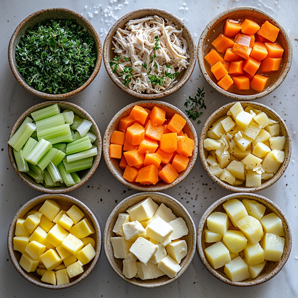 rotisserie chicken noodle soup ingredients artfully arranged on a clean white marble surface: a small bowl of golden olive oil glistening under soft light, a pat of creamy unsalted butter on a delicate ceramic dish, a medium onion finely diced showing white and purple layers, two bright orange carrots diced into small cubes, two pale green celery stalks finely chopped, three cloves of garlic minced with a slightly rough texture, fresh green thyme sprigs finely chopped scattered gently, a single deep green bay leaf placed beside ingredients, coarse kosher salt crystals sparkling lightly on a small rustic wooden spoon, a clear glass measuring cup filled with rich golden chicken broth, peeled and diced creamy yellow yukon gold potato cubes in a neat pile, a small heap of uncooked wide egg noodles pale yellow with subtle ridges, shredded rotisserie chicken pieces tender and moist with light golden skin removed, a small bunch of finely chopped fresh parsley vibrant green for garnish -- arranged spaciously with natural light casting soft shadows creating a warm and inviting feel, textures varying from smooth oil to rough diced vegetables emphasized, all elements styled with clean lines and minimal props for a fresh, wholesome aesthetic, overhead shot, top down view, flat lay photography, professional food styling --ar 1:1 --q 2 --s 750 --v 6.1