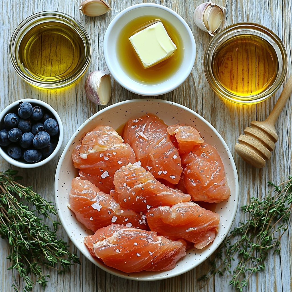 4 boneless, skinless chicken breasts raw, plump and pale pink with smooth texture, sprinkled with coarse salt and cracked black pepper; small rustic glass bowl with bright green fresh thyme leaves scattered around; two garlic cloves peeled, smooth white and slightly glossy; a small pool of golden olive oil beside a pat of creamy butter on a white ceramic spoon; a white ramekin filled with deep blue fresh blueberries, some loose around it showing their matte, slightly frosted skin; a small clear glass bowl with dark glossy balsamic vinegar; a tiny jar of thick amber honey with a wooden honey dipper resting on the side; a small white bowl containing pale beige Dijon mustard with smooth texture; a clear measuring cup with translucent golden chicken broth; all ingredients arranged neatly on a clean, light wood surface with soft natural lighting, shadows gentle and warm, styled with casual yet intentional spacing highlighting colors and textures, fresh thyme sprigs artfully placed for garnish, overhead shot, top down view, flat lay photography, professional food styling --ar 1:1 --q 2 --s 750 --v 6.1