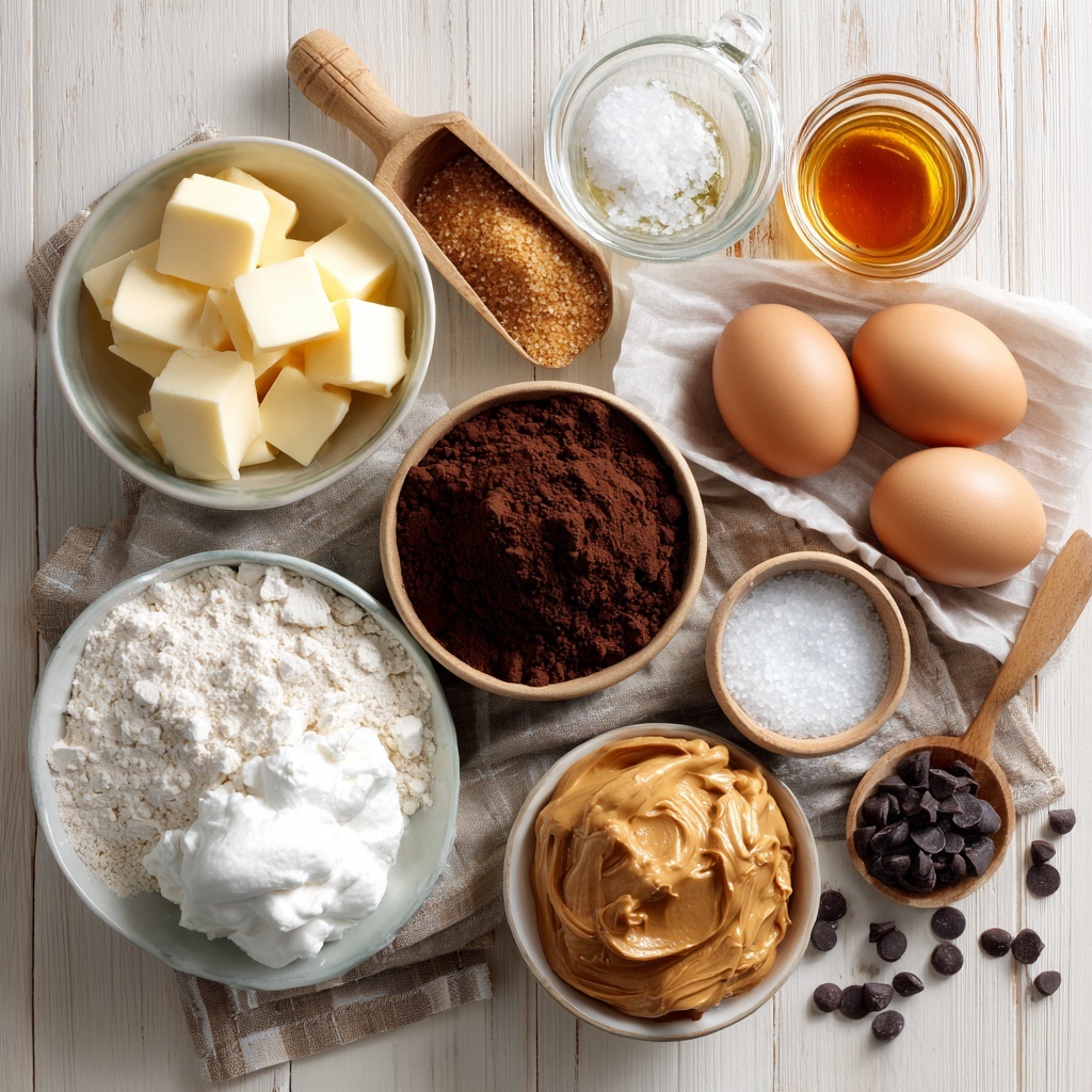 `Fluffernutter Brownies ingredients arranged neatly on a clean, light wood surface: a small bowl of unsalted butter cubes with smooth, pale yellow texture; a glass jar of granulated white sugar with tiny sparkling crystals; a wooden scoop of rich, moist brown sugar with deep caramel color; three large brown eggs with smooth shells placed side by side; a small glass bowl of amber vanilla extract reflecting light; a heap of all-purpose flour with soft, powdery white texture on parchment paper; a mound of dark, velvety unsweetened cocoa powder; a tiny bowl of fine white salt crystals; a jar of fluffy white marshmallow fluff with glossy and cloud-like texture; a ceramic bowl of creamy golden peanut butter, smooth with slight sheen; scattered semi-sweet chocolate chips or chunks, dark and shiny with irregular shapes. The ingredients are spaced evenly with natural light casting soft shadows, styled with rustic wooden spoons and linen napkin accents for warmth and contrast. Overhead shot, top down view, flat lay photography, professional food styling --ar 1:1 --q 2 --s 750 --v 6.1`
