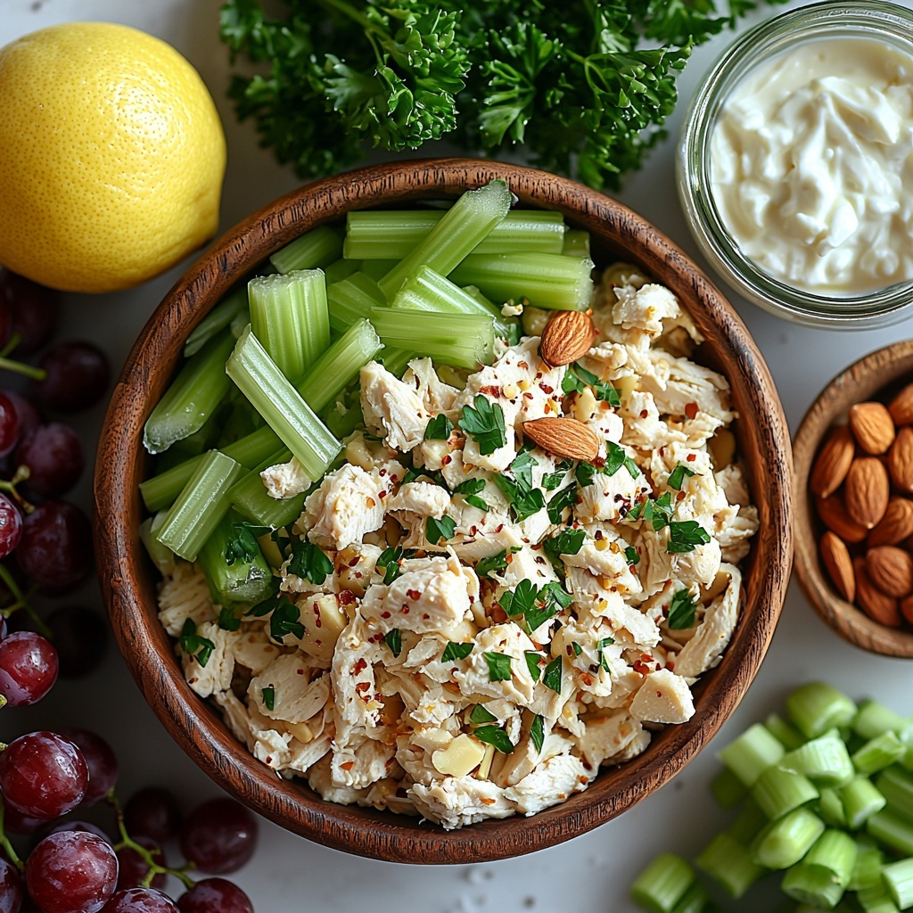 A beautifully arranged flat lay of all the main ingredients for a healthy chicken salad on a clean white marble surface: three cups of tender, shredded cooked chicken in a rustic wooden bowl; two bright green celery stalks diced neatly beside it; a small white ceramic bowl filled with shiny, halved deep red grapes; a clear glass dish with thinly sliced toasted almonds showcasing their light golden color; a bunch of vibrant green onions sliced into delicate rings scattered artfully nearby; a small pile of finely chopped fresh parsley with rich green leaves; a small ramekin containing creamy, thick plain Greek yogurt; a small glass jar with smooth Dijon mustard in pale yellow; a lemon wedge showing bright yellow flesh; loose celery seeds, coarse cracked black pepper, and white salt crystals sprinkled subtly on the surface; all items thoughtfully spaced with fresh herbs and rustic wooden utensils adding natural texture and warmth. The colors pop vibrantly against the clean neutral background, emphasizing freshness and wholesome ingredients. Soft natural lighting enhances the textures from the creamy yogurt to the juicy grapes and crunchy almonds, creating a fresh and inviting composition. Overhead shot, top down view, flat lay photography, professional food styling --ar 1:1 --q 2 --s 750 --v 6.1