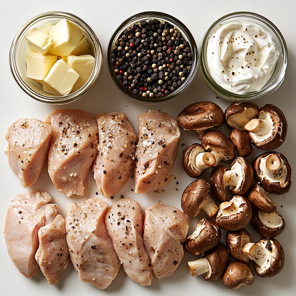 4 boneless, skinless chicken breasts, pounded to even thickness, raw and pale pink, fresh garlic cloves minced with small piles of finely chopped garlic, 8 oz cremini mushrooms sliced showing their rich brown caps and creamy white interiors, can of cream of chicken soup with creamy white texture visible in an open container, 1 cup chicken broth in a clear glass measuring cup, packet of Italian dressing mix unopened with vibrant label, small pile of freshly ground black peppercorns showing coarse black and gray specks, 1/2 cup unsalted butter in soft creamy yellow cubes, 1 cup sour cream at room temperature in a white bowl with a smooth, thick texture, fresh chopped parsley scattered lightly for a pop of bright green color; all ingredients neatly arranged on a clean white surface with soft natural light highlighting the textures and colors, minimal shadows, slight rustic kitchen props like a wooden spoon and linen napkin at the edges to enhance warmth and homeliness, composition balanced and inviting, emphasizing freshness and simplicity — overhead shot, top down view, flat lay photography, professional food styling --ar 1:1 --q 2 --s 750 --v 6.1