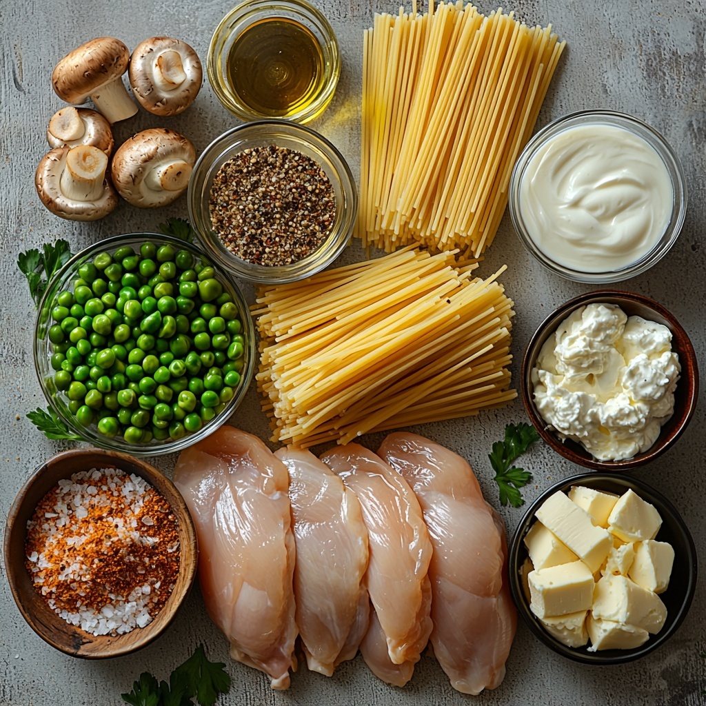 large boneless skinless chicken breast raw and plump, small white bowls with Italian seasoning and salt and pepper sprinkled around, two small glass bowls of olive oil and melted butter with golden shine, a clear glass measuring cup with pale straw-colored dry white wine, cluster of fresh button mushrooms diced showing white and brown textures, half of a yellow onion diced with vibrant golden-yellow pieces, three cloves of garlic minced finely showing creamy white, two open cans with thick cream of chicken soup and cream of mushroom soup with smooth creamy textures, small bowls with sour cream and milk showing contrasting creamy white and milky liquid, small pile of grated Parmesan cheese pale and finely shredded, cup of bright green frozen peas, bundle of uncooked spaghetti with golden strands fanned out, heap of shredded mozzarella cheese pure white and fluffy, fresh bright green parsley sprigs scattered for garnish, all ingredients neatly arranged on a clean white surface with soft natural light, slight shadows for depth, minimalistic styling emphasizing natural colors and textures, overhead shot, top down view, flat lay photography, professional food styling --ar 1:1 --q 2 --s 750 --v 6.1