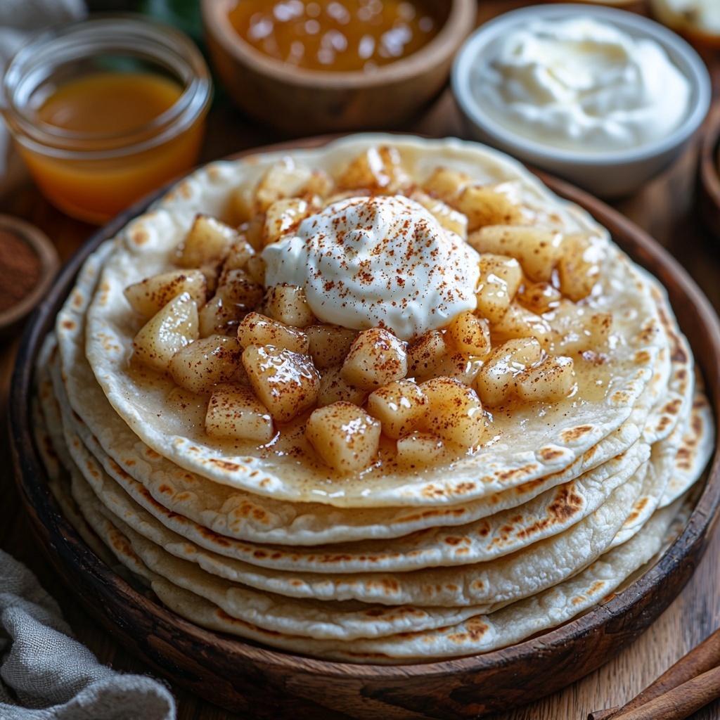 4 large flour tortillas neatly stacked and slightly fanned out to show their soft, pale beige texture; a small glass bowl of creamy, smooth softened cream cheese mixed with powdered sugar and vanilla extract; a rustic bowl filled with golden-brown apple pie filling mixed with finely chopped cooked cinnamon apples, visibly speckled with brown sugar, ground cinnamon, and nutmeg; small ramekins containing light brown granulated brown sugar, warm reddish-brown ground cinnamon, and a pinch of fine, pale nutmeg powder; a small wooden bowl with rich, golden unsalted butter pats; a delicate white dish of powdered sugar for dusting; a small honey jar with golden liquid honey catching the light; a drizzle of glossy caramel sauce artistically pooled in a tiny white saucer; and a dollop of fluffy white whipped cream in a clear glass bowl. All arranged artfully on a clean, light wooden surface with soft natural lighting that highlights warm autumnal tones and varied textures—the soft tortillas, the glossy fruit filling, the powdery sugars, and the creamy spreads—styled with a few cinnamon sticks and a crisp apple slice for accent. The composition is balanced and inviting, emphasizing freshness and comfort. overhead shot, top down view, flat lay photography, professional food styling --ar 1:1 --q 2 --s 750 --v 6.1