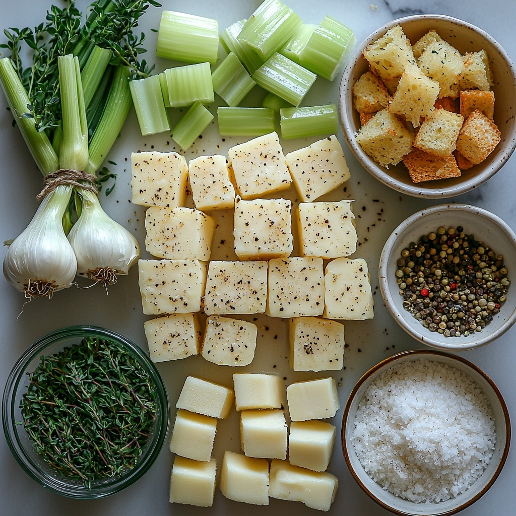 Creamy celeriac soup ingredients arranged on a clean white marble surface: diced brown onion with soft papery skin, half a leek sliced into pale green and white 1cm cubes, bright green celery stalks diced, large chunks of creamy off-white peeled celeriac cut into 2cm cubes, floury white potato cubes, two peeled garlic cloves finely chopped beside them, a small slab of rich golden unsalted butter, a clear glass measuring cup filled with thick white full-fat cream, a bundle of fresh green thyme sprigs and a single glossy bay leaf tied with natural kitchen twine around black peppercorns and coriander seeds in a small cheesecloth sachet, a sprinkling of coarse white salt and fine white pepper in small ceramic dishes, a small bowl of golden crunchy croutons, a drizzle of deep green olive oil in a clear bowl, and a tablespoon of finely chopped bright green chives in a tiny white dish. The ingredients are neatly spaced and grouped by type with natural warm daylight highlighting their colors and textures. Shadows are soft, the styling is clean and minimalist, emphasizing freshness and creaminess, with a subtle rustic touch from the twine and natural elements. Overhead shot, top down view, flat lay photography, professional food styling --ar 1:1 --q 2 --s 750 --v 6.1