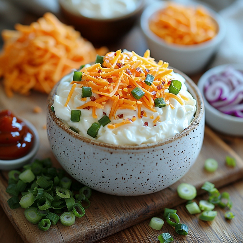 8 oz softened cream cheese in a small ceramic bowl with a smooth, creamy texture; 1 cup thick sour cream in a glass ramekin, bright white and glossy; 1 ½ cups vibrant shredded cheddar cheese piled loosely, rich orange color with soft, fine strands; ½ cup chopped green onions scattered neatly in a small white dish, fresh dark green and pale white rings; 6 slices crispy bacon crumbled into irregular bite-sized pieces with deep reddish-brown, crunchy texture on a rustic wooden board; 1 packet ranch seasoning mix in opened, rustic paper sachet revealing fine beige powder; optional: 1–2 tablespoons hot sauce in a small clear glass bowl showing bright red glossy liquid, and 1 diced jalapeño with deep green and fresh, slightly moist texture on a white porcelain plate. Ingredients are artfully arranged on a clean, light wood surface with soft natural lighting highlighting the contrasting colors and textures, minimal shadows, slight depth of field focusing on details, styled with casual elegance, and negative space for balance. Overhead shot, top down view, flat lay photography, professional food styling --ar 1:1 --q 2 --s 750 --v 6.1