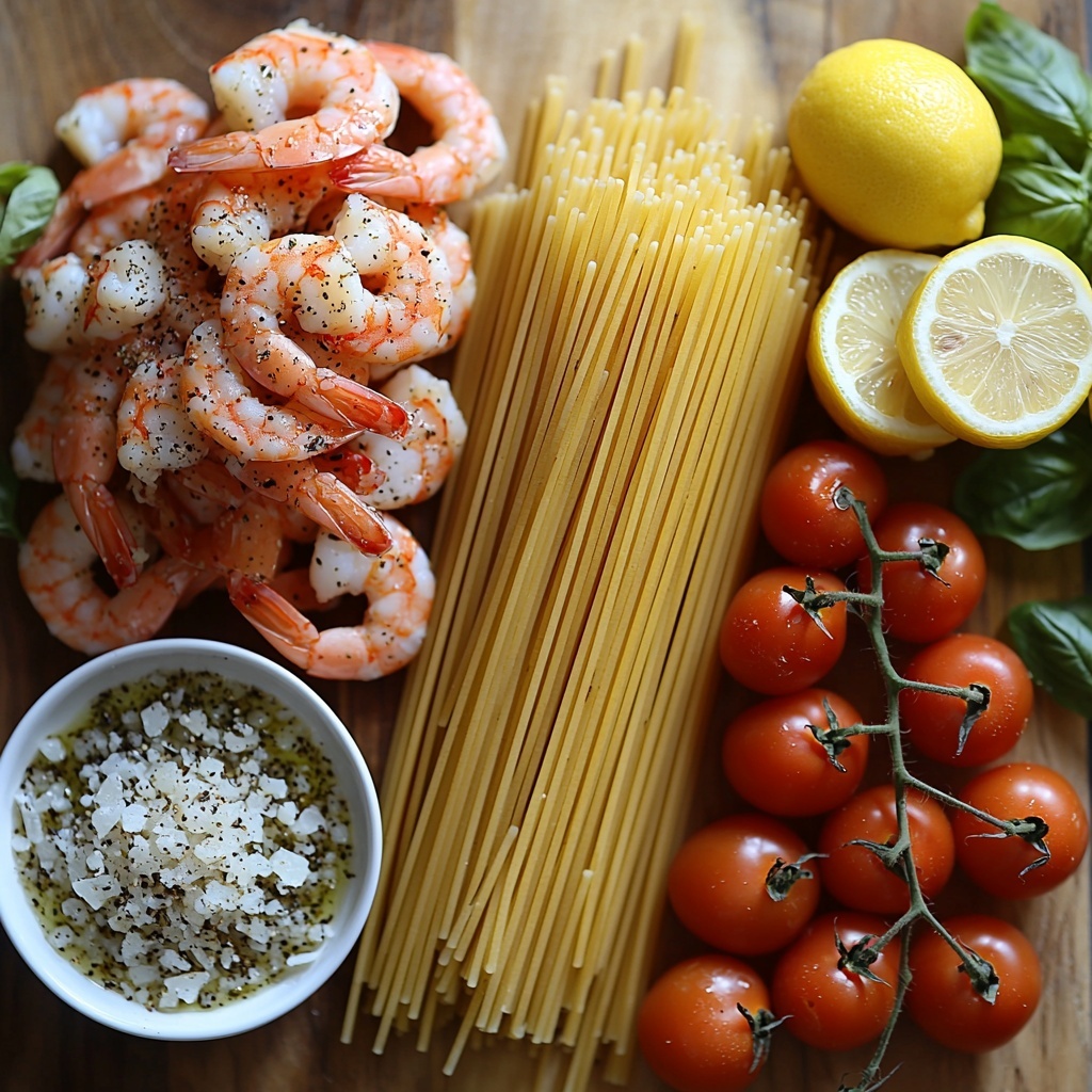 Twelve ounces of uncooked spaghetti arranged in a neat bundle with smooth, pale golden strands; one pound of medium peeled and deveined shrimp, raw with a subtle pinkish-gray hue, scattered casually nearby; small white bowls containing dried oregano, salt, and black pepper, each showing fine, powdery textures; two small glass bowls with rich, golden olive oil glistening under soft light; a cluster of vibrant red grape tomatoes with smooth shiny skins, some whole and some sliced to reveal juicy interiors; a rustic bowl filled with bright green, creamy homemade pesto; a small mound of finely grated Parmesan cheese, snowy and fluffy in texture; fresh basil leaves with deep green veiny texture artfully placed for contrast; a few wedges of bright yellow lemon with glossy, slightly translucent rinds placed to the side; all ingredients arranged on a clean, light wooden surface with natural grain for warmth, soft diffused daylight highlighting the vivid colors and textures, shadows gentle and minimal, styling is balanced and uncluttered emphasizing freshness and ingredient quality, kitchen towel folded neatly on one side to add subtle texture, overhead shot, top down view, flat lay photography, professional food styling --ar 1:1 --q 2 --s 750 --v 6.1