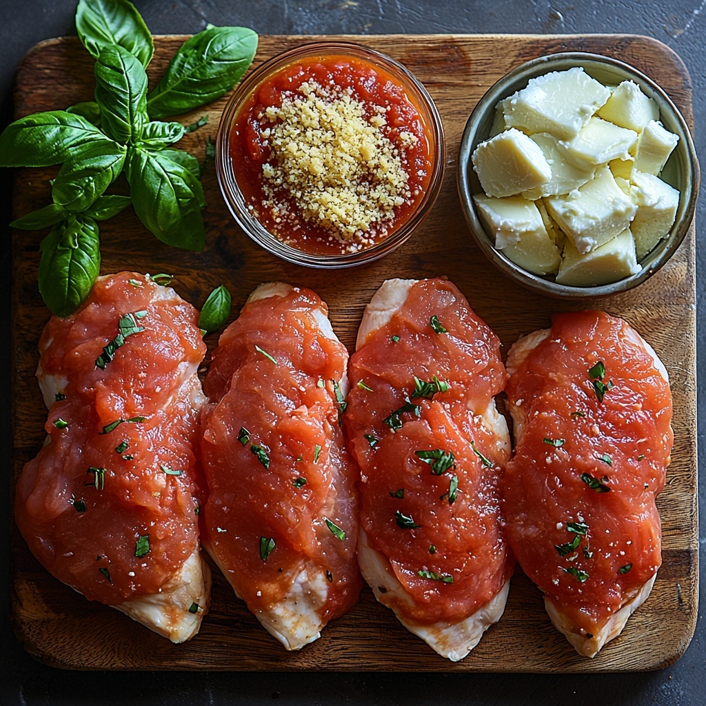 A clean white marble surface with all main ingredients for Baked Chicken Parmesan arranged neatly in a flat lay style: four raw chicken breasts placed on a wooden cutting board showing their smooth, pale pink texture; a small rustic bowl filled with golden, crispy breadcrumbs; a small white bowl of finely grated Parmesan cheese, displaying its pale yellow crumbly texture; a clear glass bowl of vibrant red marinara sauce with visible herbs; and a round white plate with shredded, creamy white mozzarella cheese piled loosely. Surround the ingredients with a few sprigs of fresh green basil for color contrast. Soft natural lighting highlights the textures and colors, with minimal shadows, creating a fresh, inviting, and organized composition. Overhead shot, top down view, flat lay photography, professional food styling --ar 1:1 --q 2 --s 750 --v 6.1