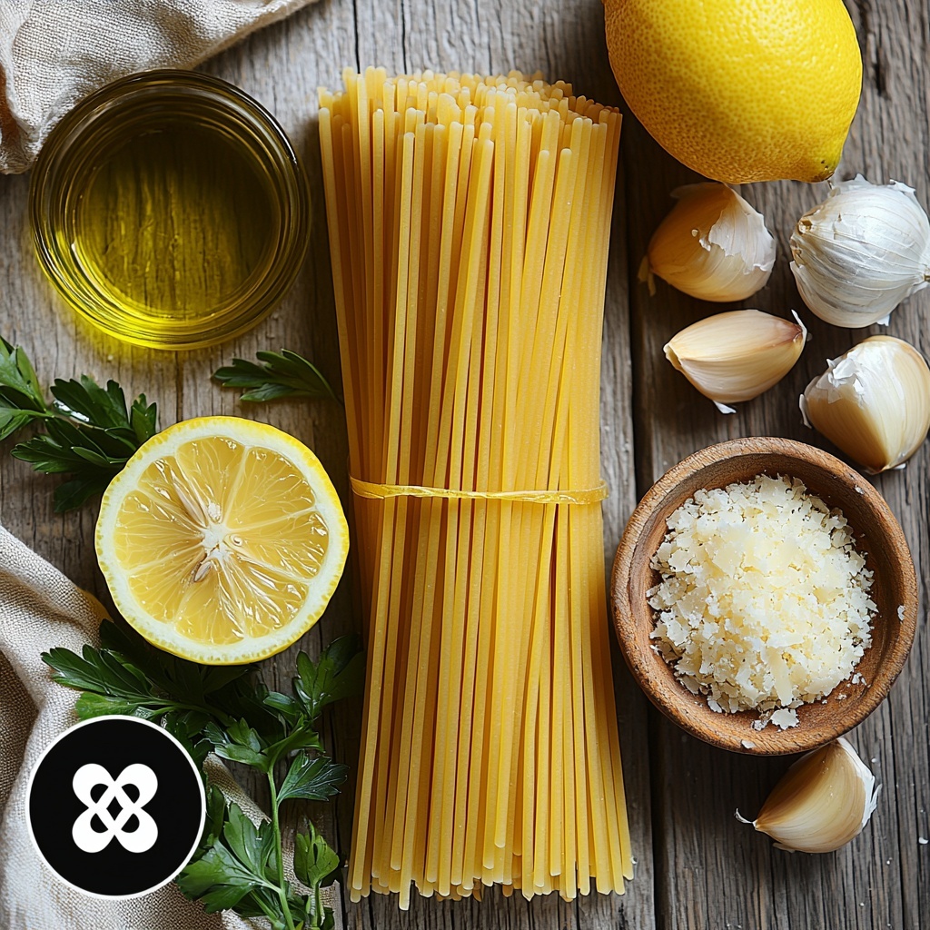 /Imagine a clean, light wooden surface with the main ingredients for Lemon Garlic Pasta artfully arranged in a balanced flat lay composition. Centered is a neat bundle of uncooked golden-yellow spaghetti, its strands long and smooth, fanning gently. To the left, a small glass bowl holds rich, golden olive oil, its surface glistening under soft natural light. Nearby, four plump garlic cloves with papery white skin add texture and organic shapes. To the right, a vibrant yellow lemon is halved to showcase its juicy, glistening pulp alongside a small pile of finely grated lemon zest providing a pop of bright color. A small rustic bowl features freshly grated Parmesan cheese, showcasing its snowy, crumbly texture. The arrangement includes subtle shadows for depth and is styled with minimal props—clean linen napkin folds and a sprig of parsley for fresh green contrast. Colors are warm and inviting: yellows, off-whites, and natural wood tones with soft, diffused lighting that enhances the textures and freshness of the ingredients. overhead shot, top down view, flat lay photography, professional food styling --ar 1:1 --q 2 --s 750 --v 6.1