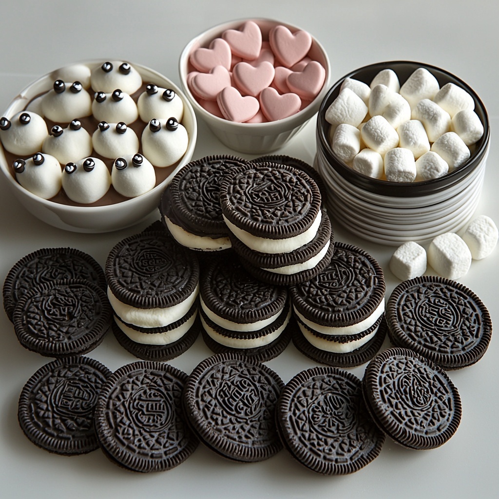 6 Oreo cookies halved, stacked neatly showing creamy filling; small piles of black candy melt wafers—some whole, some shaped into ears and legs—matte and smooth; twelve candy eyes with glossy white and black details; six delicate pink heart sprinkles scattered artfully; a bowl of tiny white marshmallows with soft, pillowy texture; a small bowl of melted glossy white chocolate or white confectionery coating with slight sheen; clean white or light neutral surface for contrast; soft natural lighting highlighting textures and colors, subtle shadows for depth; minimalist arrangement with ingredients spaced evenly to create visual balance and harmony with slight overlapping; overhead shot, top down view, flat lay photography, professional food styling --ar 1:1 --q 2 --s 750 --v 6.1