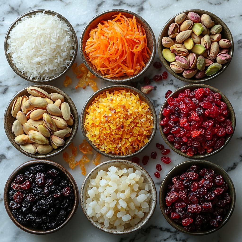 A beautifully arranged flat lay of Persian Jeweled Rice ingredients on a clean white marble surface: two cups of uncooked long-grain basmati rice with its delicate, slender grains; a small bowl with vibrant red-orange crushed saffron threads steeping in warm golden liquid; a neat pile of thinly sliced translucent caramelized onions with their glossy, rich amber hues; bright orange julienned carrot sticks fanned out nearby; glistening golden raisins clustered together; deep red barberries or dried cranberries adding a pop of jewel-like color; a scattering of pale beige slivered almonds alongside rich green shelled pistachios; a small heap of finely grated orange zest with sunny yellow-orange tones; a tiny mound of sparkling white sugar crystals; a small pat of creamy butter next to a small pool of golden oil; and a pinch of coarse sea salt sprinkled artfully. Each ingredient is spaced thoughtfully with contrasting colors and textures — the almonds and pistachios provide roughness, the dried fruits shine with vibrant, jewel-like gloss, and the saffron liquid glows warmly. Soft natural lighting highlights the freshness and vivid colors, with subtle shadows creating depth and inviting warmth. Minimal props, clean lines, and sharp focus emphasize the ingredients’ natural beauty and hint at their harmonious combination in the final dish. Overhead shot, top down view, flat lay photography, professional food styling --ar 1:1 --q 2 --s 750 --v 6.1