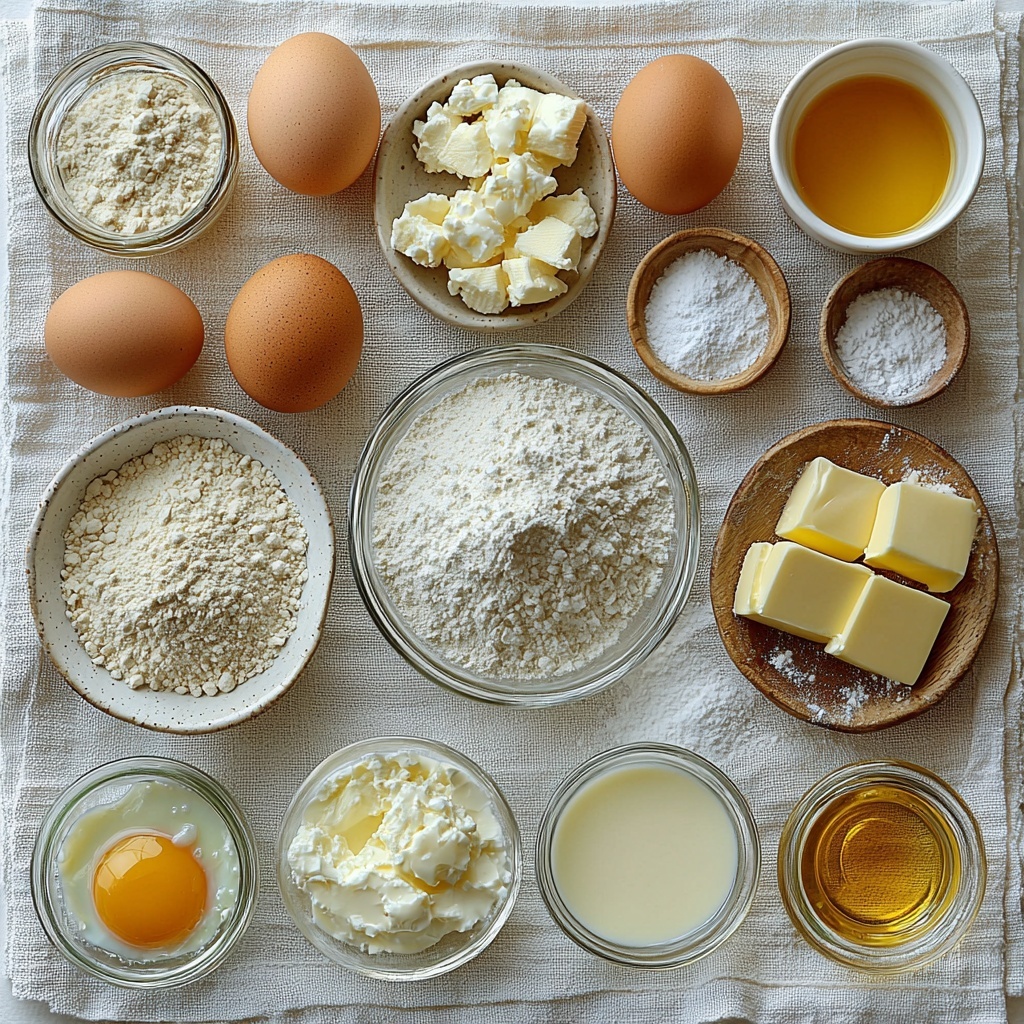 A clean, bright white surface with ingredients for fluffy buttermilk pancakes arranged neatly in a visually balanced flat lay: a small glass bowl of all-purpose flour showing soft, powdery texture; a tiny mound of granulated sugar sparkling slightly; teaspoon scoops of baking powder, baking soda, and kosher salt, each in small white porcelain spoons; two large fresh eggs, one cracked open with separated yolk gleaming golden in a small clear glass bowl, and a separate bowl of fluffy whipped egg whites with soft peaks; a small glass jar of warm amber vanilla extract; a rustic ceramic bowl filled with creamy buttermilk with a smooth surface; melted unsalted butter in a shallow white dish, glossy and pale yellow; a small glass drizzle cup of light green avocado oil with a slight sheen; farmhouse style linen napkin partially folded near ingredients; soft natural lighting highlighting textures and colors, subtle shadows adding depth, minimalist styling with space between elements to avoid clutter, clean and airy atmosphere, bright and inviting palette with whites, creams, and soft yellows, overhead shot, top down view, flat lay photography, professional food styling --ar 1:1 --q 2 --s 750 --v 6.1