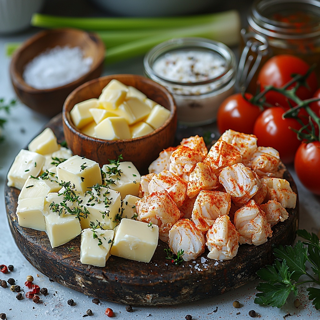 fresh crab meat chunks in natural shell color with delicate texture, golden melted butter in a small glass bowl, a large chopped onion with white and purple layers visible, two celery stalks bright green and sliced, four cloves of minced garlic with creamy white tones, three medium peeled and diced potatoes showing off their pale yellow flesh, a rustic bowl of crushed vibrant red tomatoes, a clear glass jar of seafood or chicken stock with amber hues, a small jug of heavy cream creamy white and smooth, loose paprika powder in warm brick red, old bay seasoning in a small wooden dish with reddish-brown and speckled textures, a single glossy bay leaf deep green, coarse salt crystals sparkling white, cracked black peppercorns in scattered piles, fresh chopped parsley bright green and finely textured — all ingredients thoughtfully arranged in line and clusters on a clean white matte surface, soft natural lighting casting gentle shadows to enhance vibrant colors and textures, minimal props to focus attention on ingredients, slight overhead angle to reveal variety and detail, overhead shot, top down view, flat lay photography, professional food styling --ar 1:1 --q 2 --s 750 --v 6.1