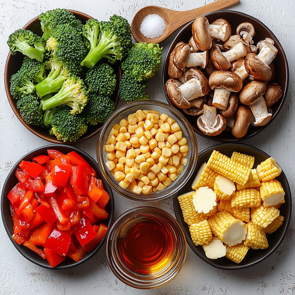 peanut oil in a small glass bowl, bright green broccoli florets cut into bite-size pieces, fresh sliced brown mushrooms with smooth caps, vibrant red bell pepper diced into large cubes, pale yellow canned baby corn arranged neatly, dark soy sauce in a glossy small dish, light brown granulated brown sugar in a rustic bowl, fine white cornstarch powder in a delicate heap, two drops of amber sesame oil on a ceramic spoon, sprinkle of warm-toned ground ginger powder, all ingredients carefully spaced on a clean white surface highlighting their natural colors and textures, slight soft shadows for depth, natural daylight with gentle contrast, minimalistic styling with fresh herbs and wooden utensils subtly placed nearby, overhead shot, top down view, flat lay photography, professional food styling --ar 1:1 --q 2 --s 750 --v 6.1