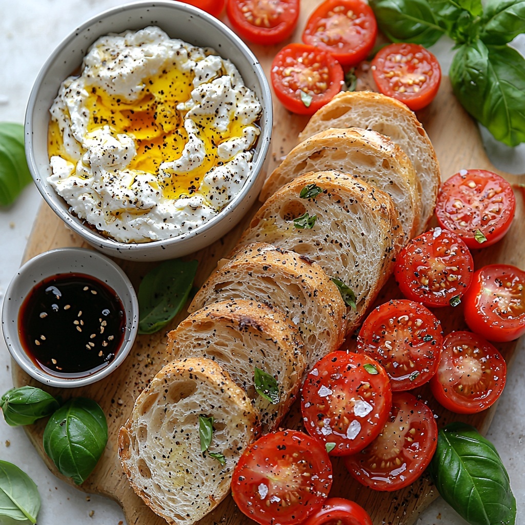 Baguette sliced into thick, crusty golden-brown pieces arranged neatly on a clean white surface; vibrant red cherry tomatoes halved, glossy with a light drizzle of golden olive oil and sprinkled with coarse salt and cracked black pepper, scattered artfully beside the bread; a rustic white bowl filled with creamy, smooth ricotta cheese showing its soft texture; fresh bright green basil leaves placed delicately around the composition adding a pop of color; a small dish or drizzle of dark, glossy balsamic glaze with a rich sheen nearby; natural daylight highlighting the contrasting textures—the rough crust of the bread, the juicy tomatoes, the fluffy cheese, and the tender basil leaves—all styled with minimal props for a clean, fresh, inviting look, overhead shot, top down view, flat lay photography, professional food styling --ar 1:1 --q 2 --s 750 --v 6.1