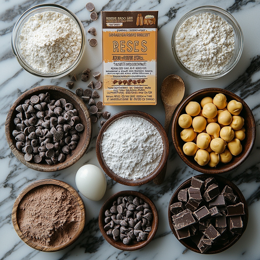 4- A clean, bright white marble surface arranged with the main ingredients for chocolate and peanut butter cookies in an elegant flat lay style. Neatly scoops and small bowls hold creamy peanut butter with a smooth, shiny texture; two types of powdered sugar—fine white powdered sugar and granulated sugar with sparkling crystals; a small pouring glass of whole milk with a delicate sheen; a tiny clear bowl of pure vanilla extract, amber and glossy; separate piles of all-purpose flour, unsweetened cocoa powder, and deep dark black cocoa powder showcasing their contrasting textures and rich earth tones. A box of instant chocolate fudge pudding mix with vibrant packaging placed artfully. Two small mounds of powdered milk and a sprinkling of fine salt crystals and baking soda on a matte ceramic spoon. A softened slab of salted butter, pale yellow and creamy, beside a single whole egg and an additional egg yolk in a small clear dish, glowing warmly. Reese’s Pieces and Reese’s Peanut Butter Chips scattered artistically in small wooden bowls and loose clusters, their warm orange, yellow, and brown hues creating inviting pops of color. The overall composition is balanced and airy, shadows soft, textures detailed, evoking a cozy, inviting baking atmosphere. Shot with natural soft daylight, emphasizing clean lines and vivid ingredient colors. Overhead shot, top down view, flat lay photography, professional food styling --ar 1:1 --q 2 --s 750 --v 6.1
