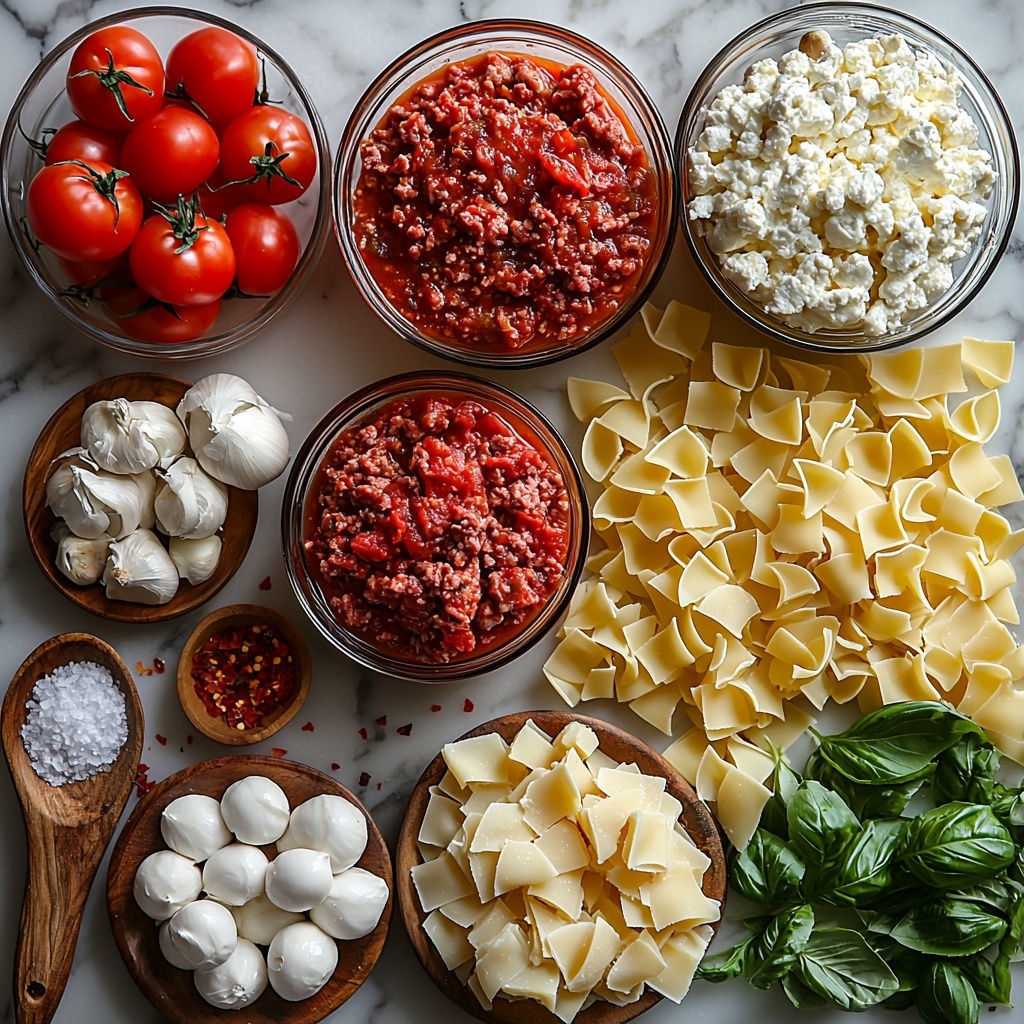 6- A clean white marble surface with all the main ingredients of creamy lasagna soup meticulously arranged in a visually pleasing flat lay. Glossy, golden olive oil in a small glass bowl next to finely diced translucent onion and five peeled garlic cloves scattered nearby. A mound of raw, rich red ground beef with marbled fat texture sits next to a small heap of bright red tomato paste and a small glass bowl of vibrant tomato basil pasta sauce showing deep red hues. Nearby, a can of diced tomatoes with chunky, juicy red and orange tomato pieces spilling slightly. A clear glass jar of golden chicken broth with a subtle sheen, surrounded by broken pieces of uncooked pale yellow lasagna noodles with rough edges. Small vintage spoons hold dried oregano and bright red crushed red pepper flakes, adding fine texture and color contrast. A sprinkle of coarse kosher salt crystals scattered lightly around. Fresh green basil leaves finely chopped add a burst of verdant freshness. Bowls showcase creamy white and fluffy ricotta cheese, shredded mozzarella with soft, stringy texture, and finely grated pale yellow parmesan cheese. The overall scene is styled with minimal shadows, natural soft light enhancing the textures and vivid colors, accented by subtle rustic props like a wooden spoon and a linen napkin to elevate the cozy, homemade feel. Overhead shot, top down view, flat lay photography, professional food styling --ar 1:1 --q 2 --s 750 --v 6.1
