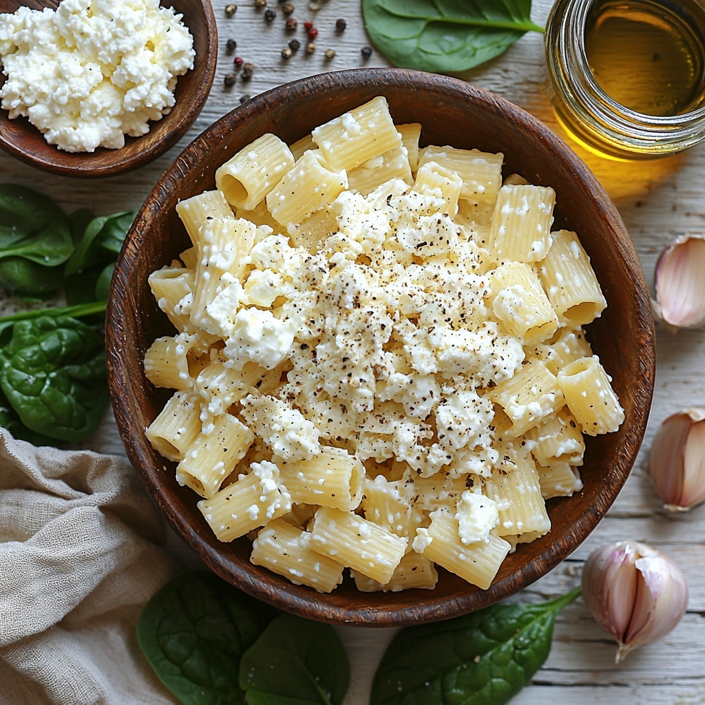 7- Twelve ounces of rigatoni pasta uncooked, arranged in a small rustic ceramic bowl, nearby a bowl of creamy whole milk ricotta cheese with its rich, smooth texture visible. Fresh vibrant green spinach leaves loosely spread out on the clean white surface, some overlapping slightly. A small wooden bowl filled with finely grated Parmesan cheese, showcasing its pale yellow, crumbly texture. A pile of shredded mozzarella cheese with soft, fluffy strands resting beside the Parmesan. A small glass dish containing golden olive oil reflecting natural light. Two garlic cloves, peeled and halved to reveal their smooth, off-white interior. Scattered grains of coarse salt and freshly cracked black peppercorns sprinkled casually around the ingredients. The scene set on a clean, light wooden table to enhance natural colors, styled with a linen napkin folded softly to one side and a warm natural light from the side casting gentle shadows to highlight texture and depth. Overhead shot, top down view, flat lay photography, professional food styling --ar 1:1 --q 2 --s 750 --v 6.1