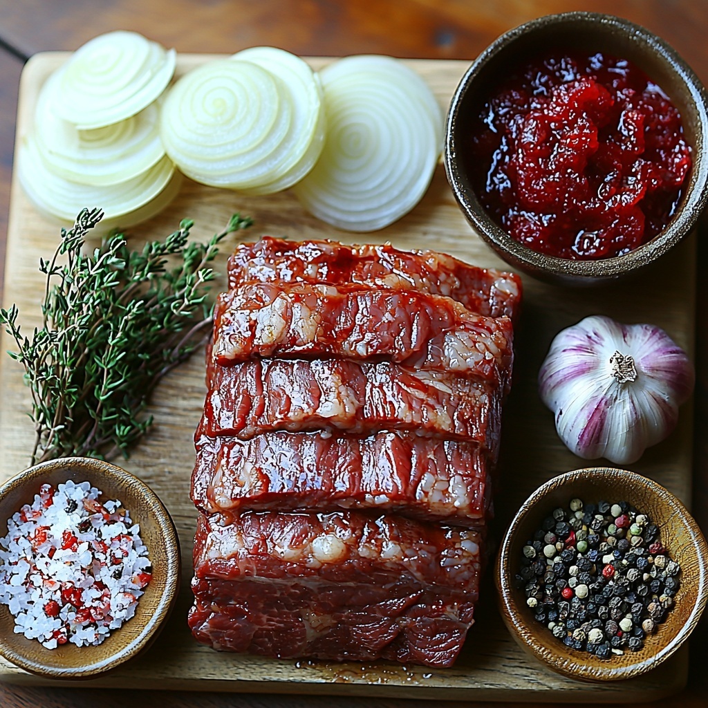 9-  A clean, light wooden surface showcasing the main ingredients for Slow Cooker Cranberry Beef Brisket arranged neatly in a flat lay. Centered is a large raw beef brisket, rich deep red with marbled fat. Surrounding it are small bowls: one with vibrant, glossy red cranberry sauce, another with dark, rich beef broth. Thinly sliced white and purple onion rings are fanned out artfully beside the brisket. Two plump cloves of garlic, peeled and minced, displayed in a small dish. Scattered around are sprigs of fresh green thyme and rosemary, alongside rustic piles of coarse salt and cracked black peppercorns. The colors pop against the clean background — earthy reds, greens, and whites, with varied textures from smooth sauce to leafy herbs. Natural soft lighting enhances the freshness and detail of each ingredient. Overhead shot, top down view, flat lay photography, professional food styling --ar 1:1 --q 2 --s 750 --v 6.1