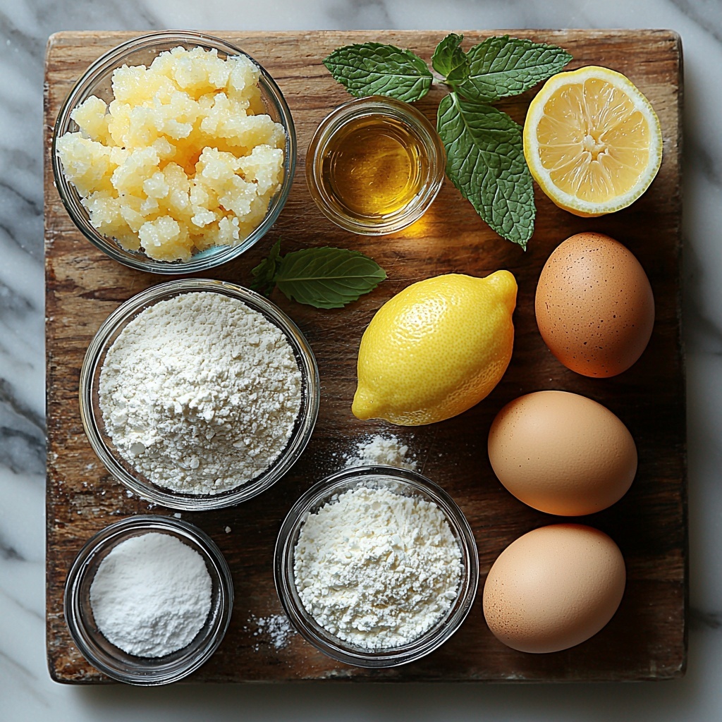 10- A clean white marble surface with neatly arranged main ingredients for a gluten-free lemon cake, including a small glass bowl of pale, fine gluten-free all-purpose flour, a clear cup of sparkling granulated white sugar, small piles of light beige baking powder and baking soda powders, and a pinch of white salt in a tiny ceramic dish. Nearby, a large clear bowl holds smooth, golden applesauce, and a small glass pitcher contains glossy, light yellow vegetable oil. Three fresh brown eggs rest gently on a rustic wooden board beside a bright yellow lemon, half zested, with thin strips of lemon zest elegantly scattered around. A small glass bowl filled with vibrant, freshly squeezed lemon juice and a tiny bottle of vanilla extract add pops of color. A small sieve with a dusting of fine powdered sugar is positioned as if ready for use. Soft natural light casts gentle shadows, emphasizing textures from grainy sugar to smooth oil, styled with minimal fresh green mint leaves for contrast. Overhead shot, top down view, flat lay photography, professional food styling --ar 1:1 --q 2 --s 750 --v 6.1